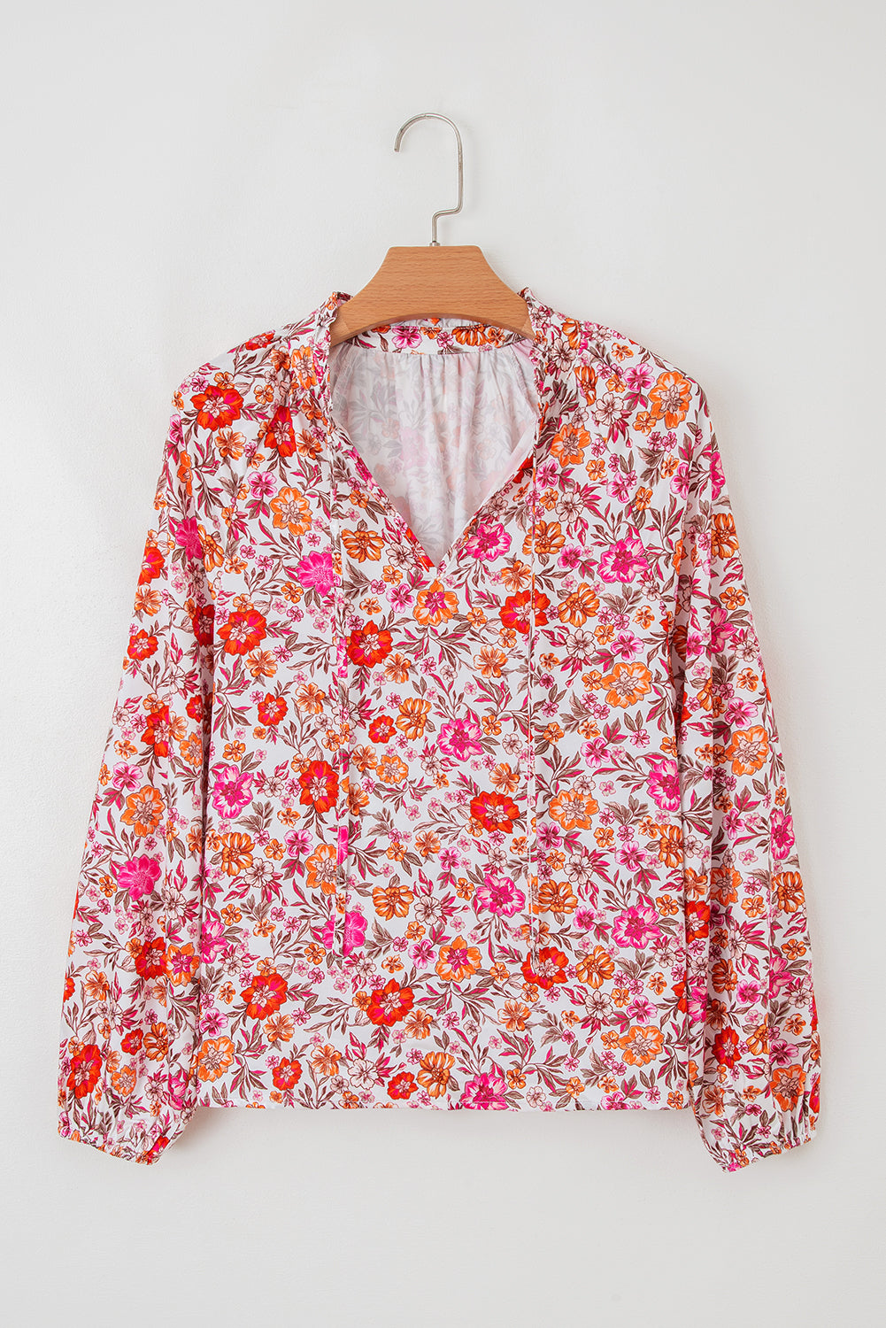 Pink Floral Print Tie Split Neck Bracelet Sleeve Blouse-Bracelet-[Adult]-[Female]-2022 Online Blue Zone Planet
