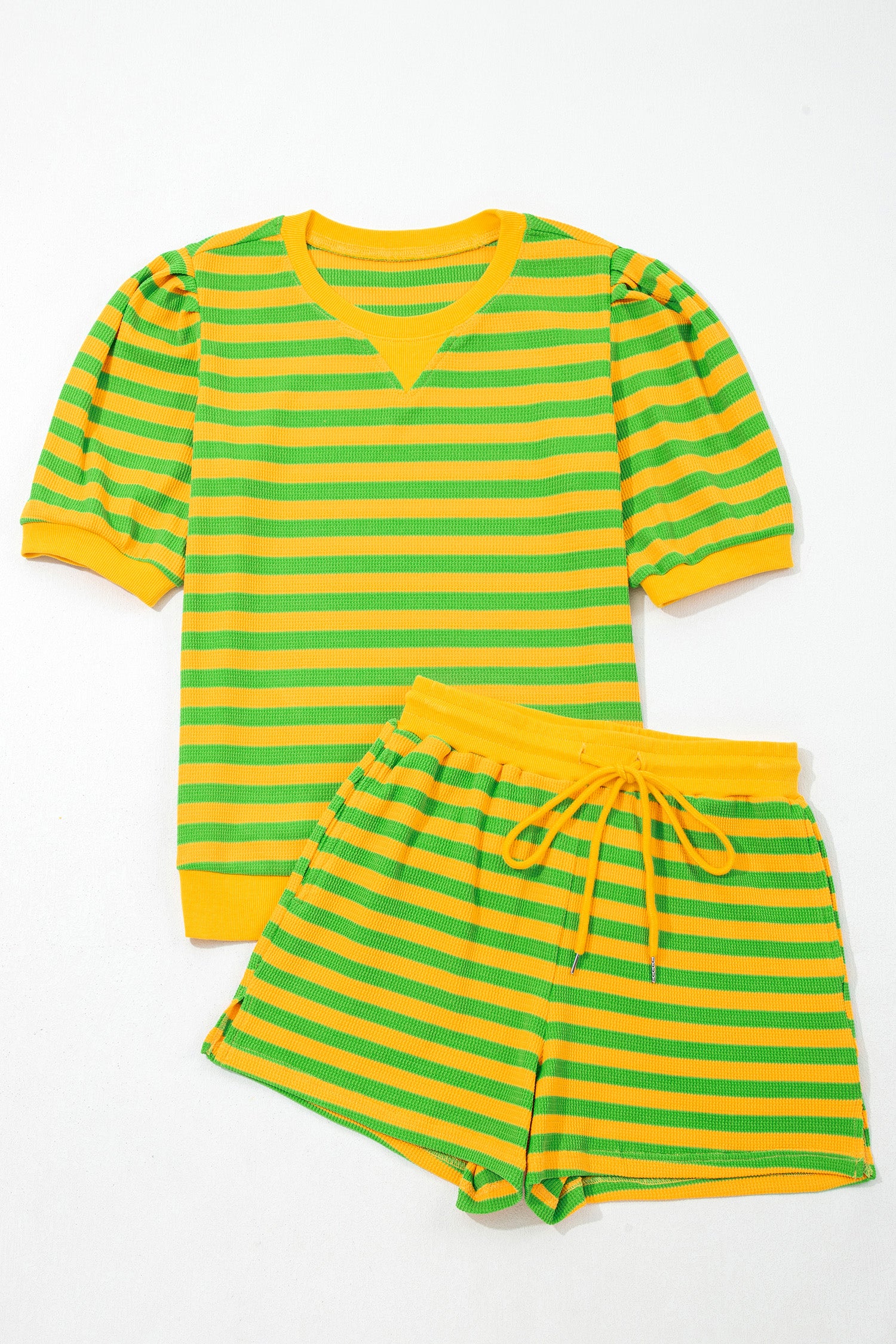 Yellow Stripe Puff Short Sleeve T Shirt Matching Shorts Set-Two Piece Sets/Short Sets-[Adult]-[Female]-2022 Online Blue Zone Planet