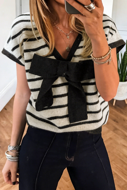 Black Stripe Bow Applique Short Sleeve Sweater-Sweaters & Cardigans/Short Sleeve Sweaters-[Adult]-[Female]-Black Stripe-S-2022 Online Blue Zone Planet