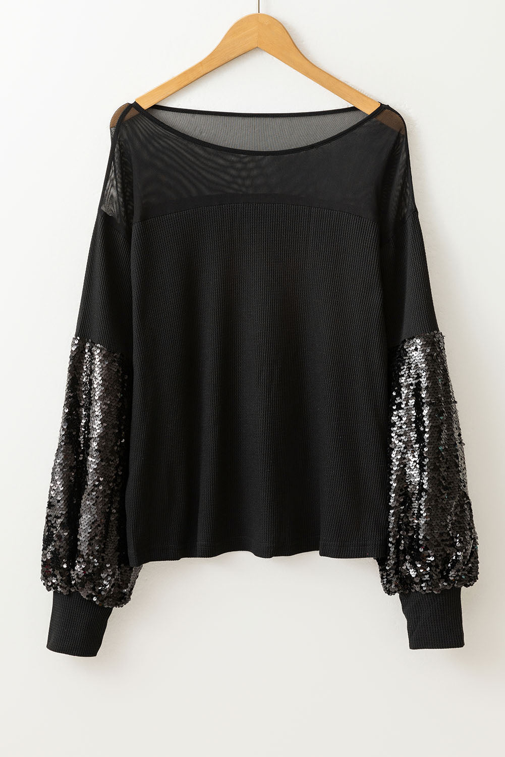 Black Sequin Patchwork Lantern Sleeve Blouse-Tops/Blouses & Shirts-[Adult]-[Female]-2022 Online Blue Zone Planet