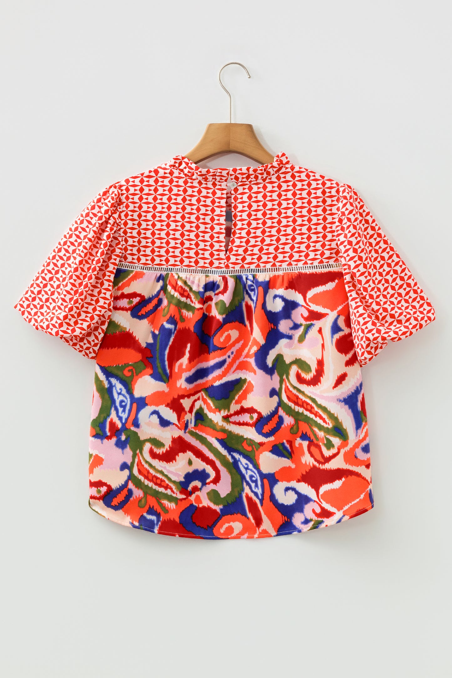 Red Paisley Geometric Mixed Print Patchwork Puff Sleeve Blouse Top-Tops/Blouses & Shirts-[Adult]-[Female]-2022 Online Blue Zone Planet