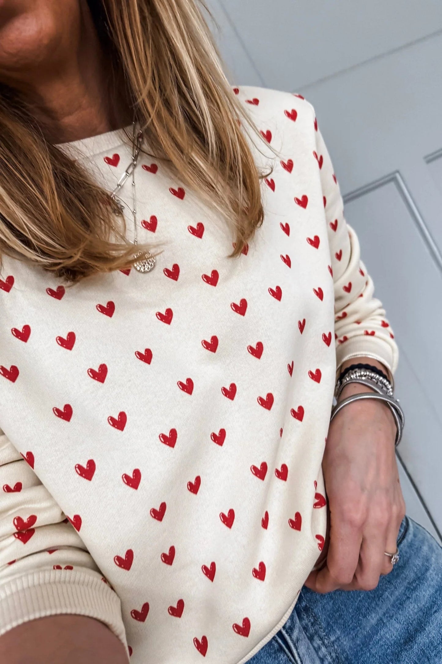 Beige Heart Print Round Neck Long Sleeve Regular Fit Sweatshirt-Tops/Sweatshirts & Hoodies-[Adult]-[Female]-2022 Online Blue Zone Planet