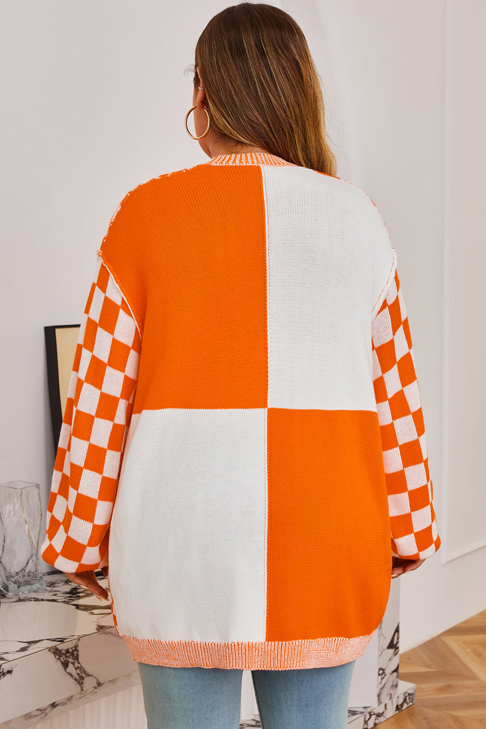 Orange Checkered Bubble Sleeve Drop Shoulder Open Cardigan-Plus Size/Plus Size Sweaters & Cardigans-[Adult]-[Female]-2022 Online Blue Zone Planet