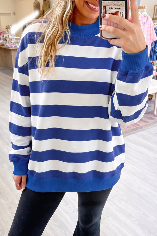 Blue Stripe Colorblock Mock Neck Relaxed Sweatshirt-Tops/Sweatshirts & Hoodies-[Adult]-[Female]-Blue Stripe-S-2022 Online Blue Zone Planet