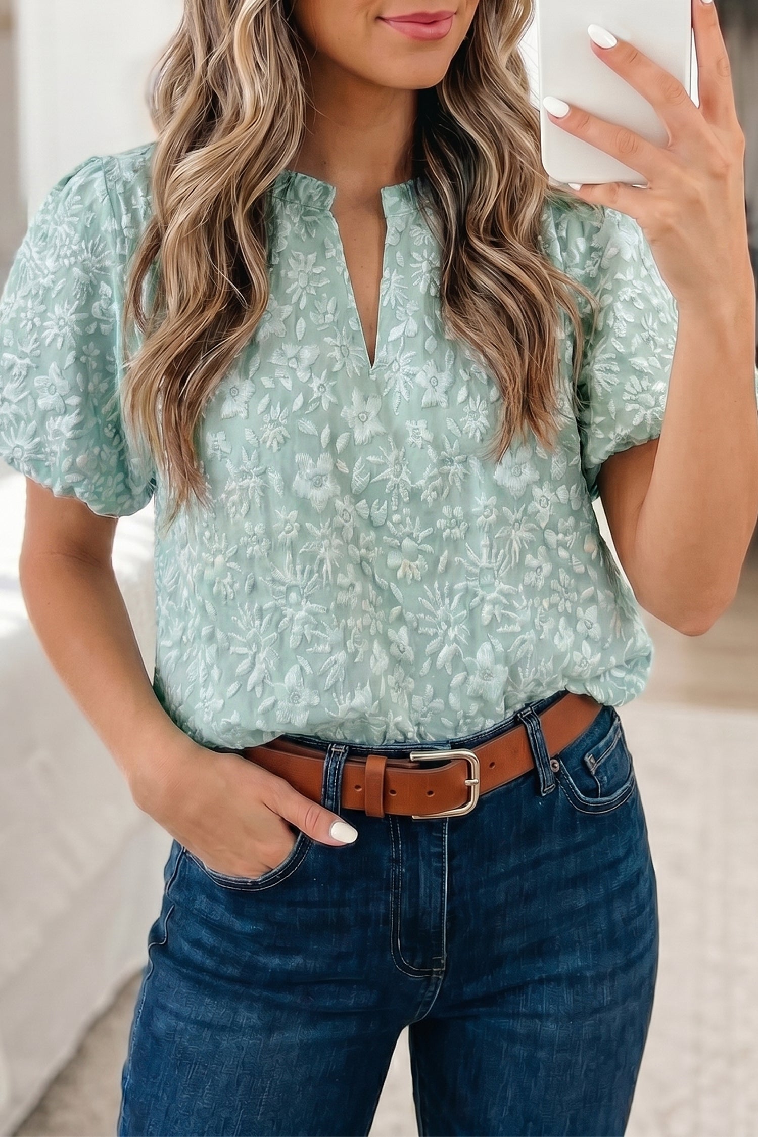 Iceland Blue Floral Textured Jacquard Puff Sleeve Blouse-Tops/Blouses & Shirts-[Adult]-[Female]-2022 Online Blue Zone Planet