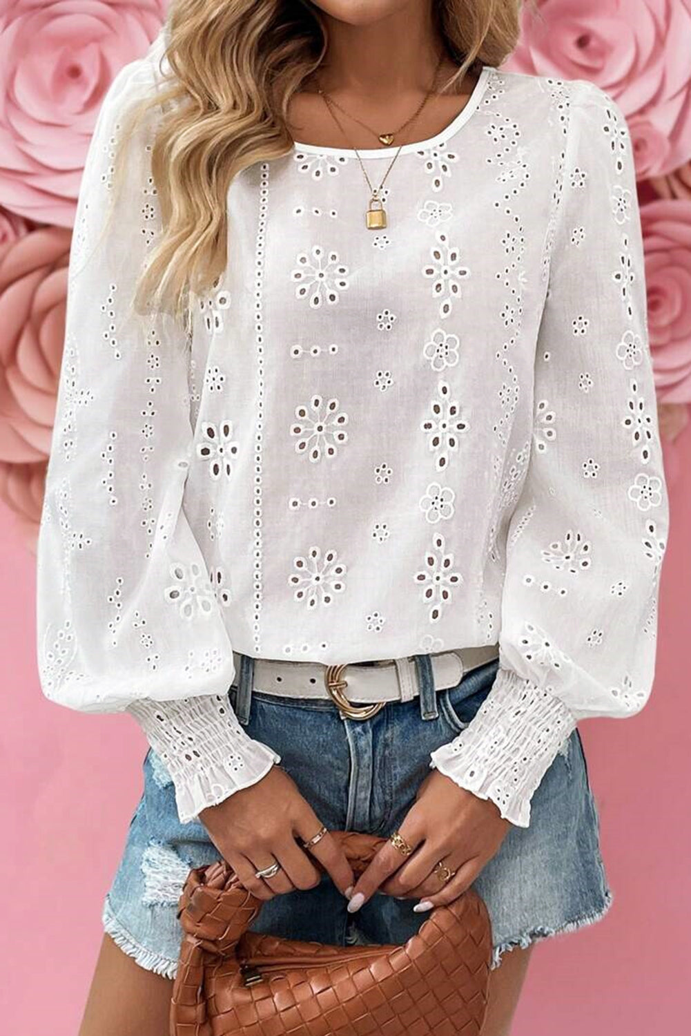 White Eyelet Embroidered Smocked Cuff Sheer Blouse-Tops/Blouses & Shirts-[Adult]-[Female]-White-S-2022 Online Blue Zone Planet