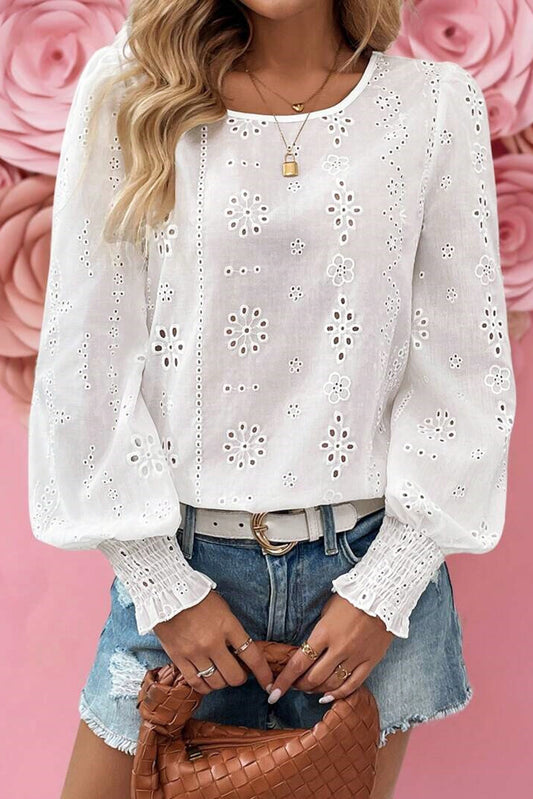 White Eyelet Embroidered Smocked Cuff Sheer Blouse-Tops/Blouses & Shirts-[Adult]-[Female]-White-S-2022 Online Blue Zone Planet