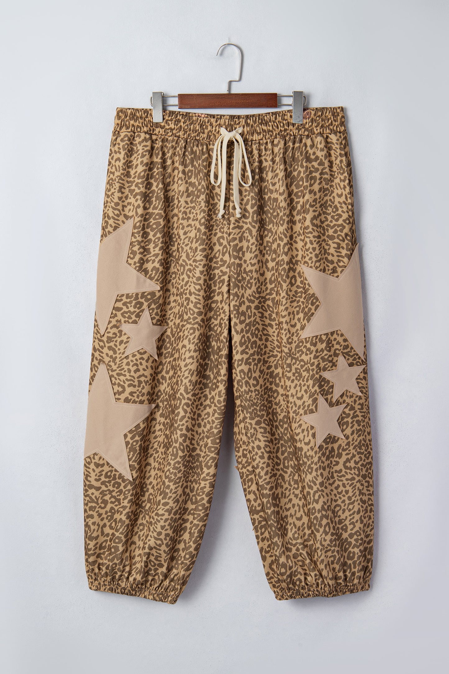 Khaki Plus Size Leopard Print Western Star Patched Jogger Pants-Plus Size/Plus Size Bottoms-[Adult]-[Female]-2022 Online Blue Zone Planet