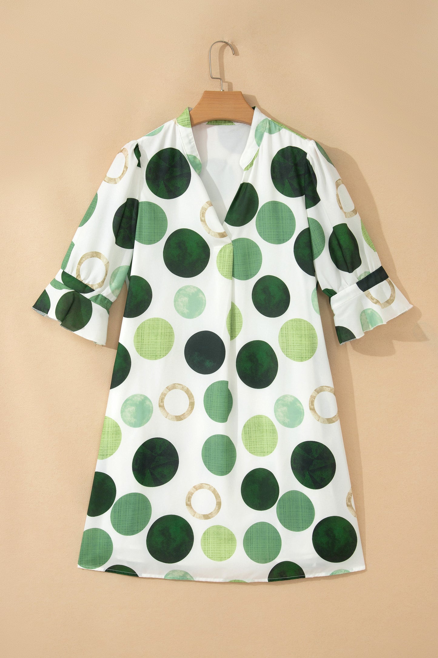 Green Polka Dot Print Flounced Half Sleeve Casual Vacation Style Mini Dress-TOPS / DRESSES-[Adult]-[Female]-2022 Online Blue Zone Planet