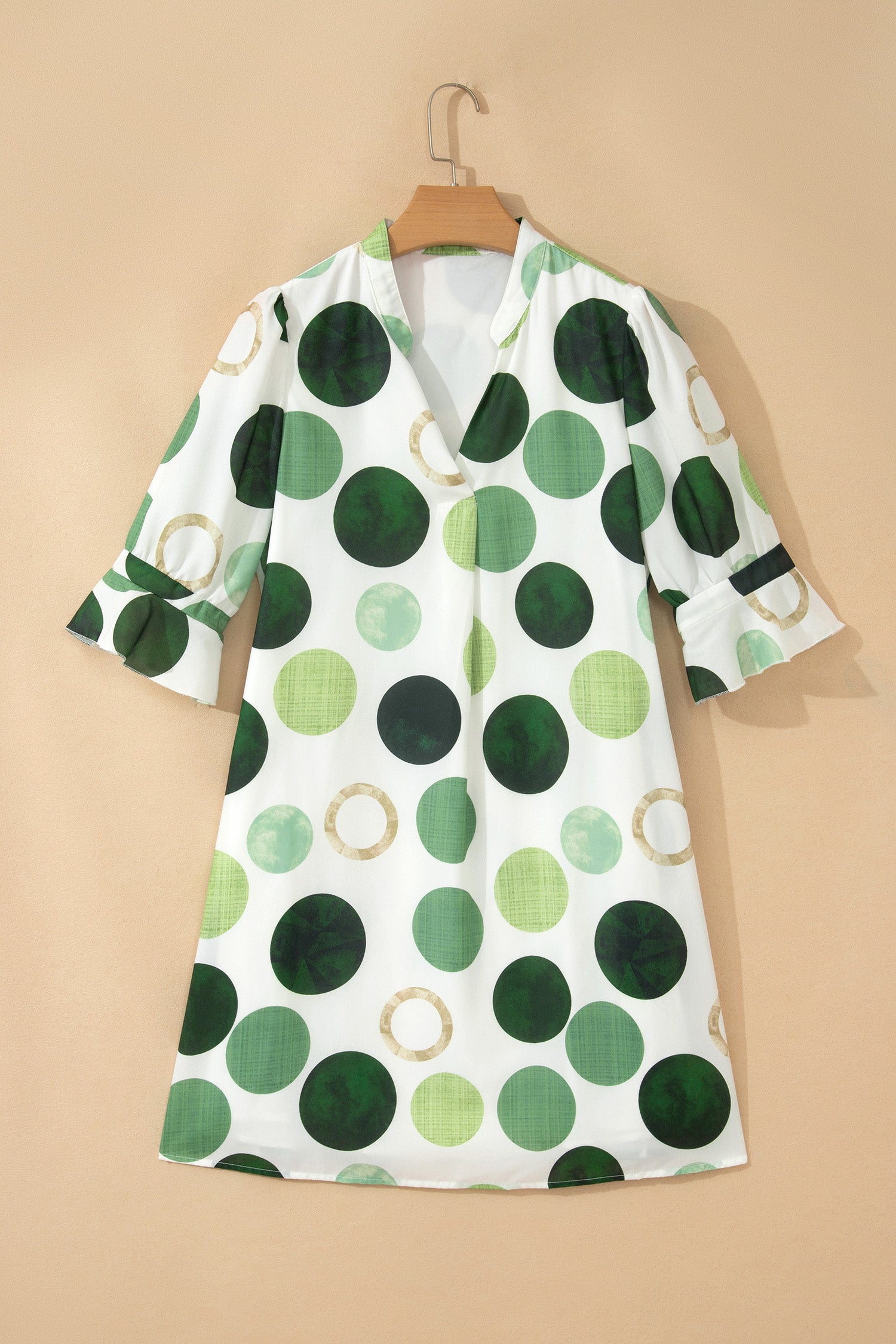Green Polka Dot Print Flounced Half Sleeve Casual Vacation Style Mini Dress-TOPS / DRESSES-[Adult]-[Female]-2022 Online Blue Zone Planet
