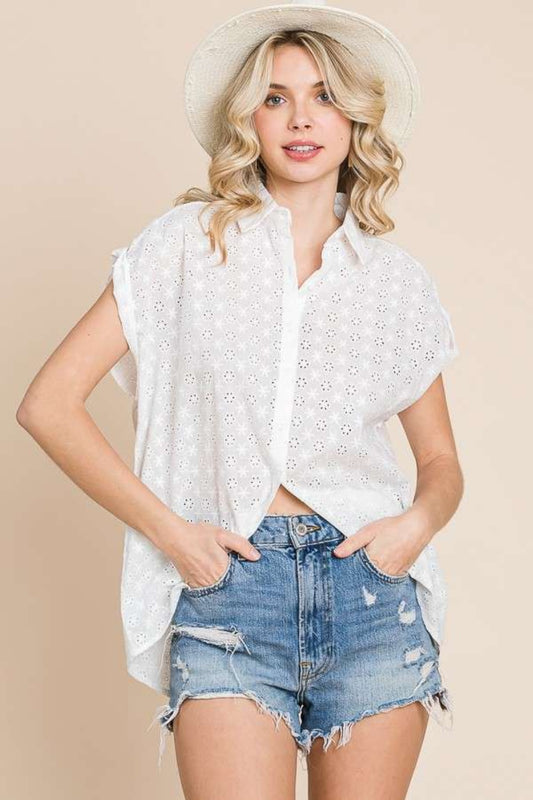 Blue Zone Planet | Culture Code Eyelet Crisscross Back Button Up Shirt-TOPS / DRESSES-[Adult]-[Female]-SOFTWHITE-S-2022 Online Blue Zone Planet