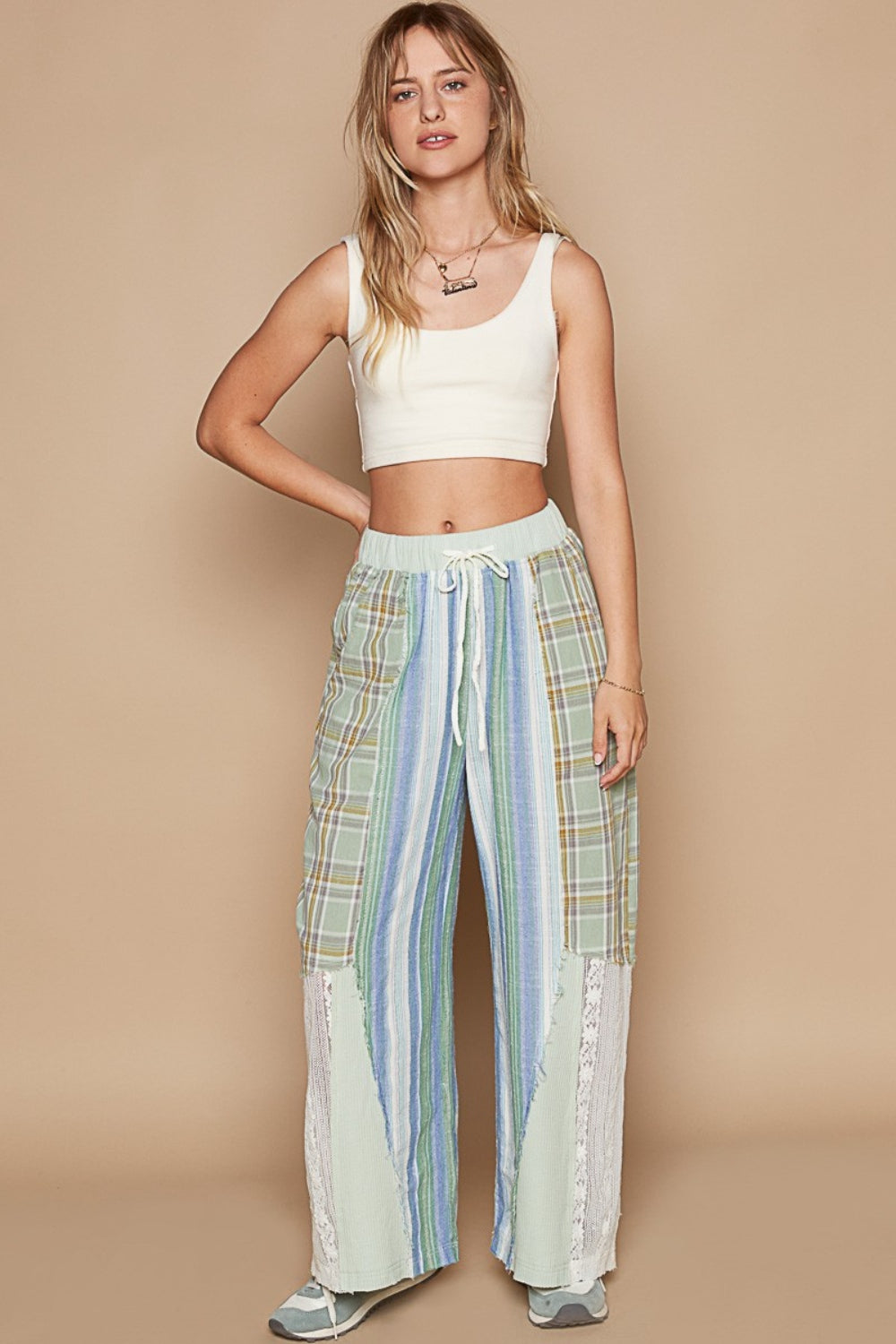 POL Drawstring Plaid Print Lace Straight Pants-BOTTOMS SIZES SMALL MEDIUM LARGE-[Adult]-[Female]-2022 Online Blue Zone Planet