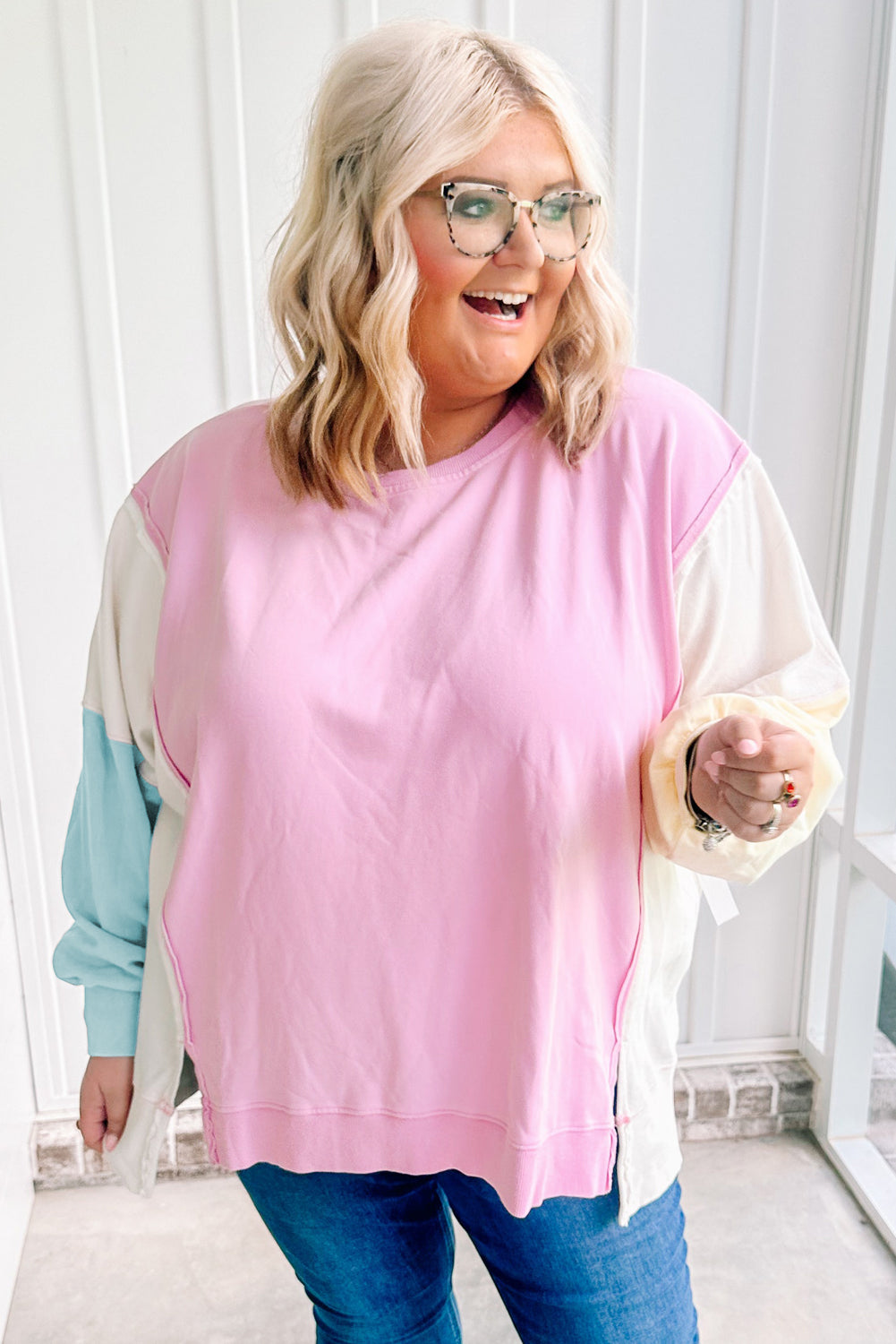 Pink Colorblock Patchwork Drop Shoulder Plus Size Sweatshirt-Plus Size/Plus Size Sweatshirts & Hoodies-[Adult]-[Female]-2022 Online Blue Zone Planet