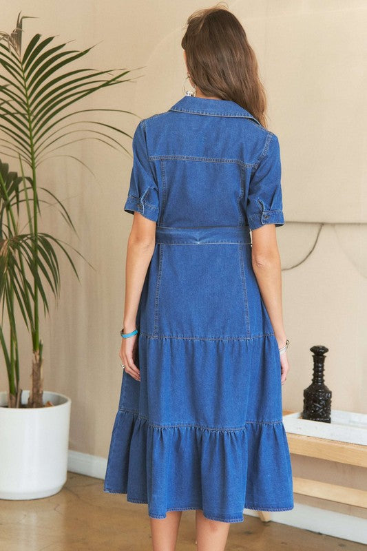 ADORA Tiered Button Down Tie Waist Short Sleeve Denim Dress-TOPS / DRESSES-[Adult]-[Female]-2022 Online Blue Zone Planet