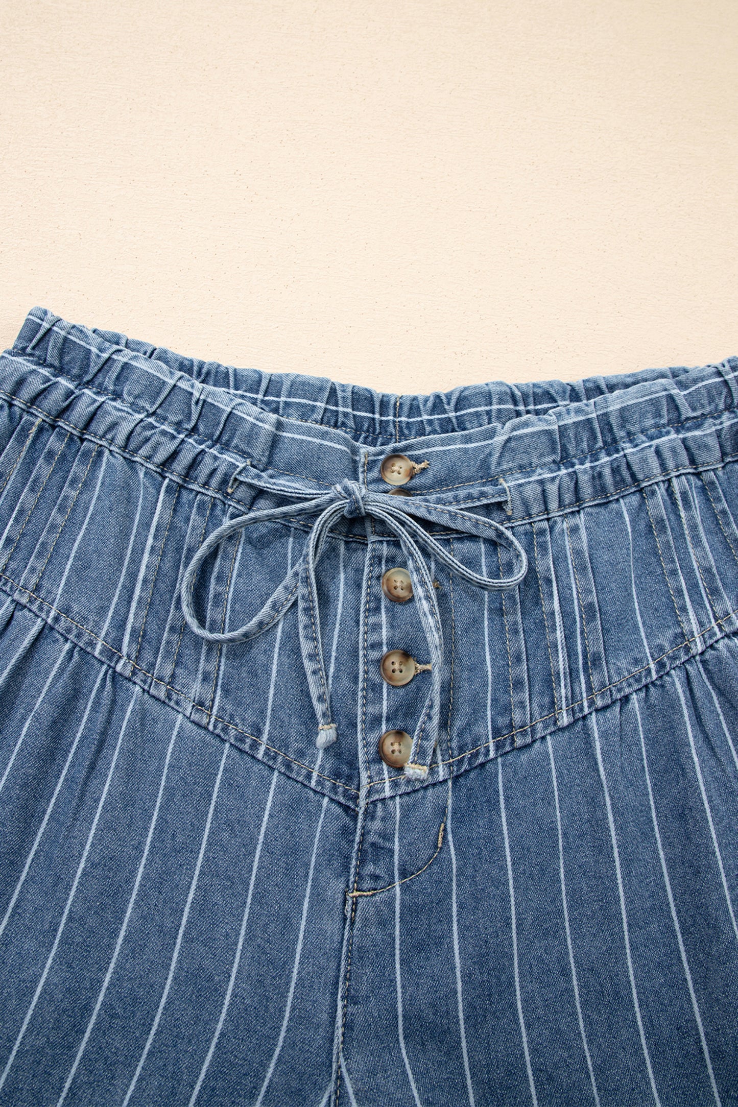 Sky Blue Stripe Button Pleated Drawstring Waist Casual Wide Leg Jeans-Bottoms/Jeans-[Adult]-[Female]-2022 Online Blue Zone Planet