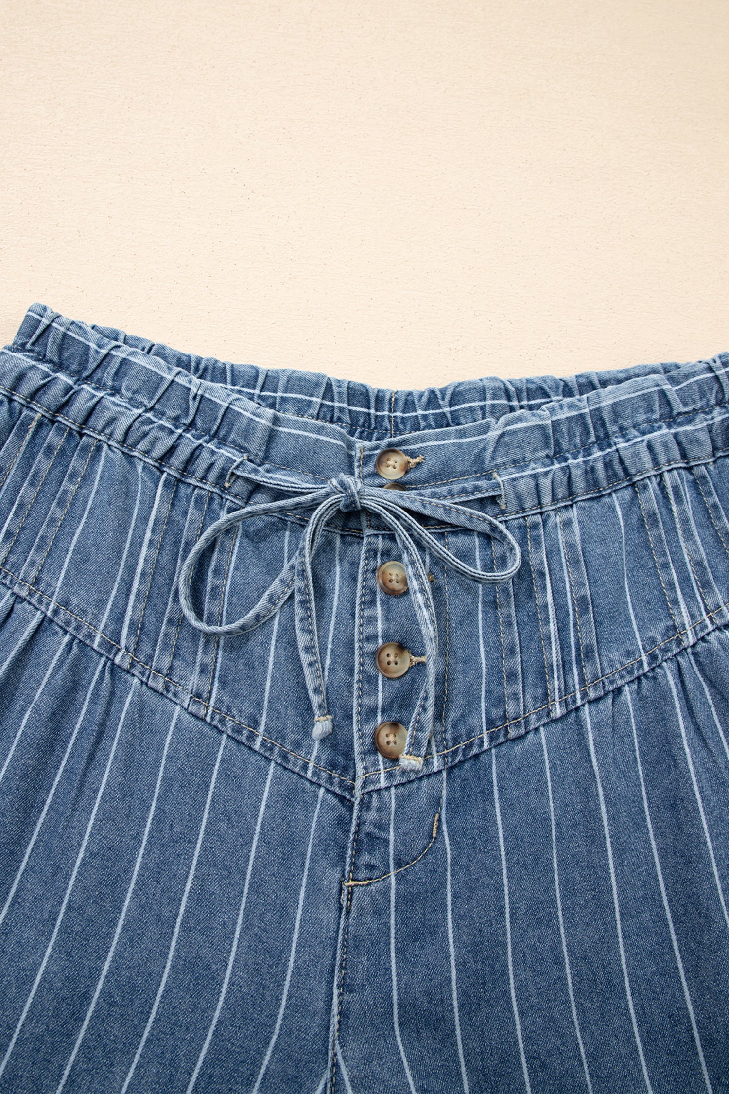 Sky Blue Stripe Button Pleated Drawstring Waist Casual Wide Leg Jeans-Bottoms/Jeans-[Adult]-[Female]-2022 Online Blue Zone Planet