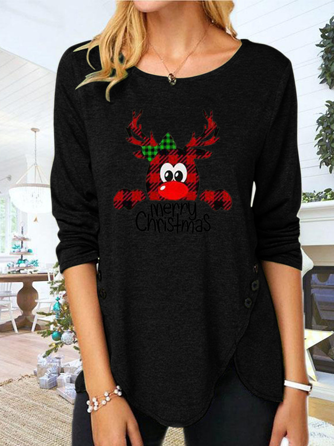 Full Size Reindeer Round Neck Long Sleeve T-Shirt-TOPS / DRESSES-[Adult]-[Female]-Black-S-2022 Online Blue Zone Planet