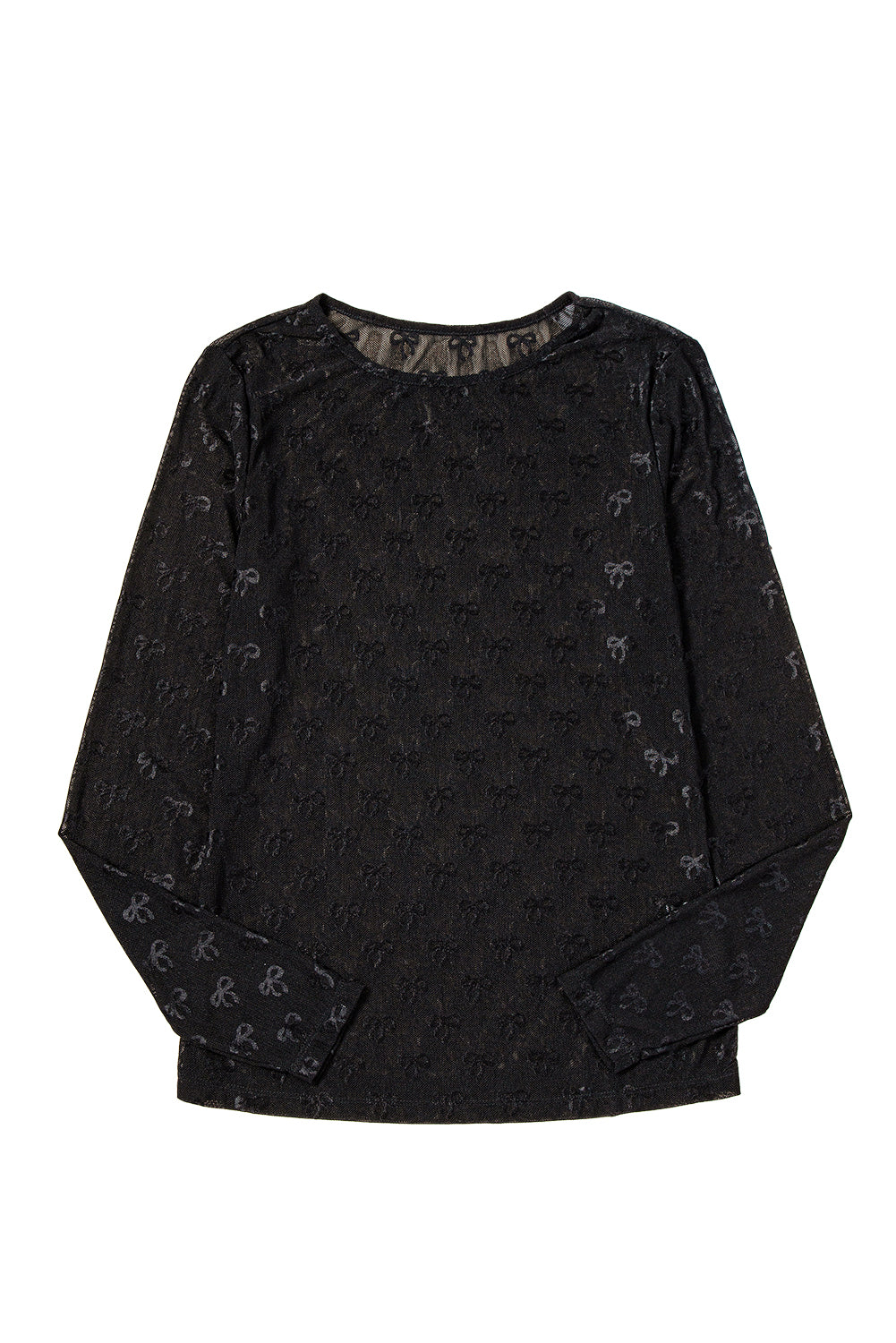 Blue Zone Planet | Black Mesh Bow Pattern Long Sleeve Top-Tops/Long Sleeve Tops-[Adult]-[Female]-2022 Online Blue Zone Planet