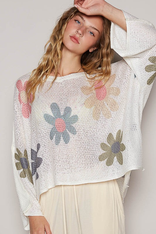 POL Flower Dropped Shoulder Long Sleeve Knit Top-TOPS / DRESSES-[Adult]-[Female]-White-S-2022 Online Blue Zone Planet