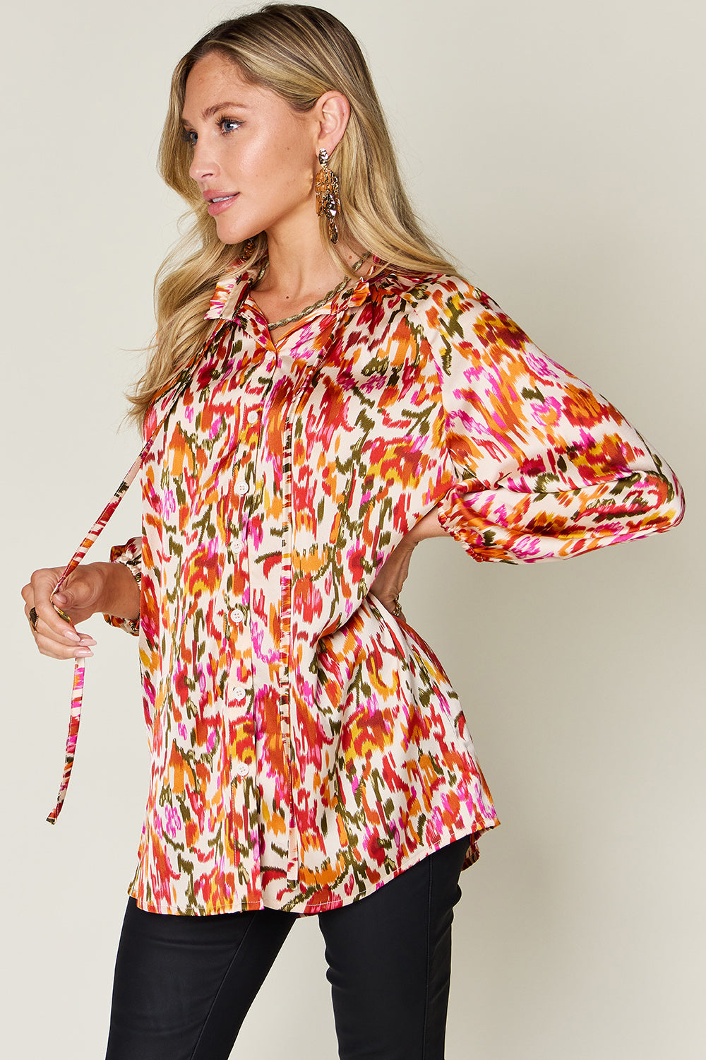 Double Take Full Size Printed Button Up Long Sleeve Shirt-TOPS / DRESSES-[Adult]-[Female]-2022 Online Blue Zone Planet