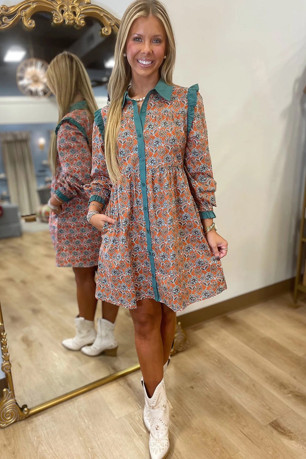 Orange Boho Floral Contrast Collared Shirt Mini Dress-Dresses/Floral Dresses-[Adult]-[Female]-2022 Online Blue Zone Planet