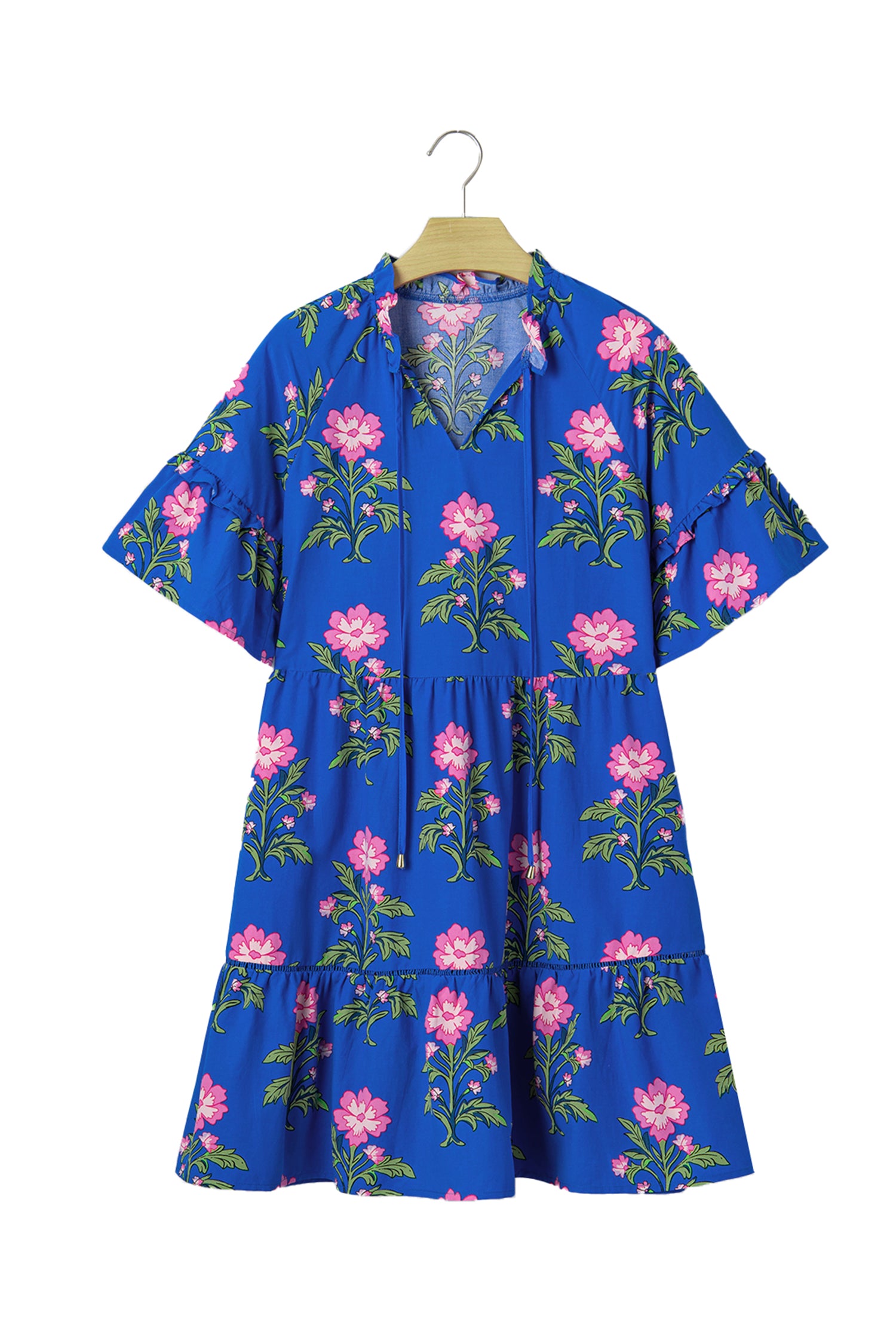 Blue V Neck Short Sleeve Loose Flower Dress-TOPS / DRESSES-[Adult]-[Female]-2022 Online Blue Zone Planet