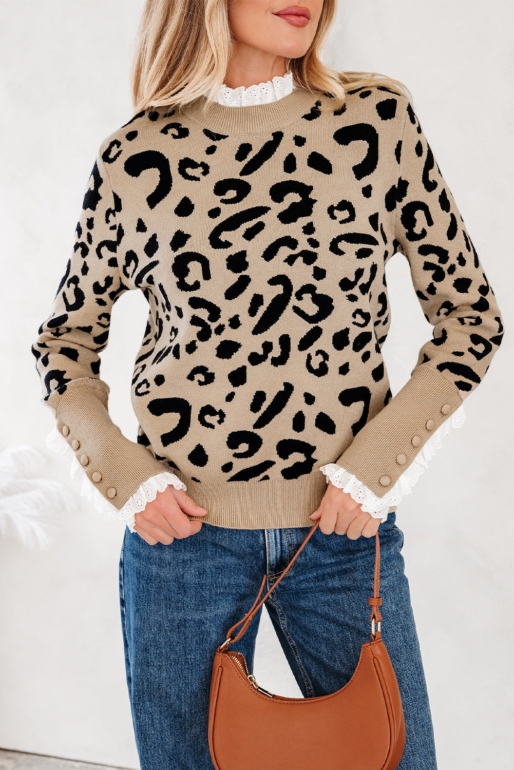 Brown Leopard Pattern Lace Ribbed Detail Button Cuffed Sweater-TOPS / DRESSES-[Adult]-[Female]-2022 Online Blue Zone Planet