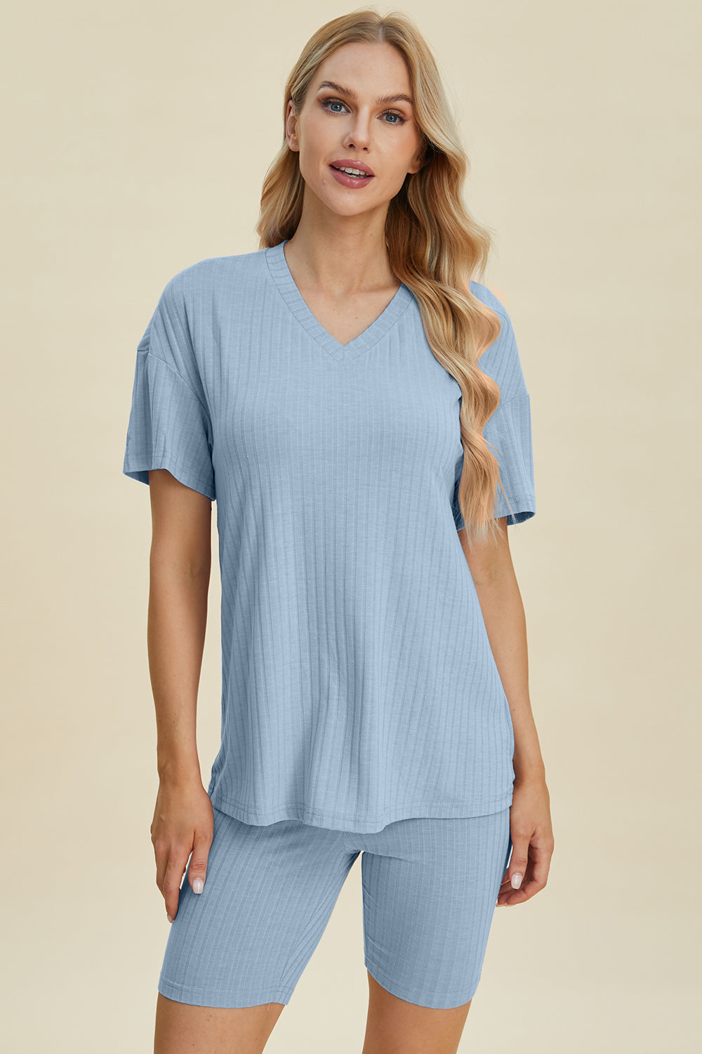 Basic Bae Full Size Ribbed V-Neck Short Sleeve Top and Shorts Set-TOPS / DRESSES-[Adult]-[Female]-Light Blue-S-2022 Online Blue Zone Planet