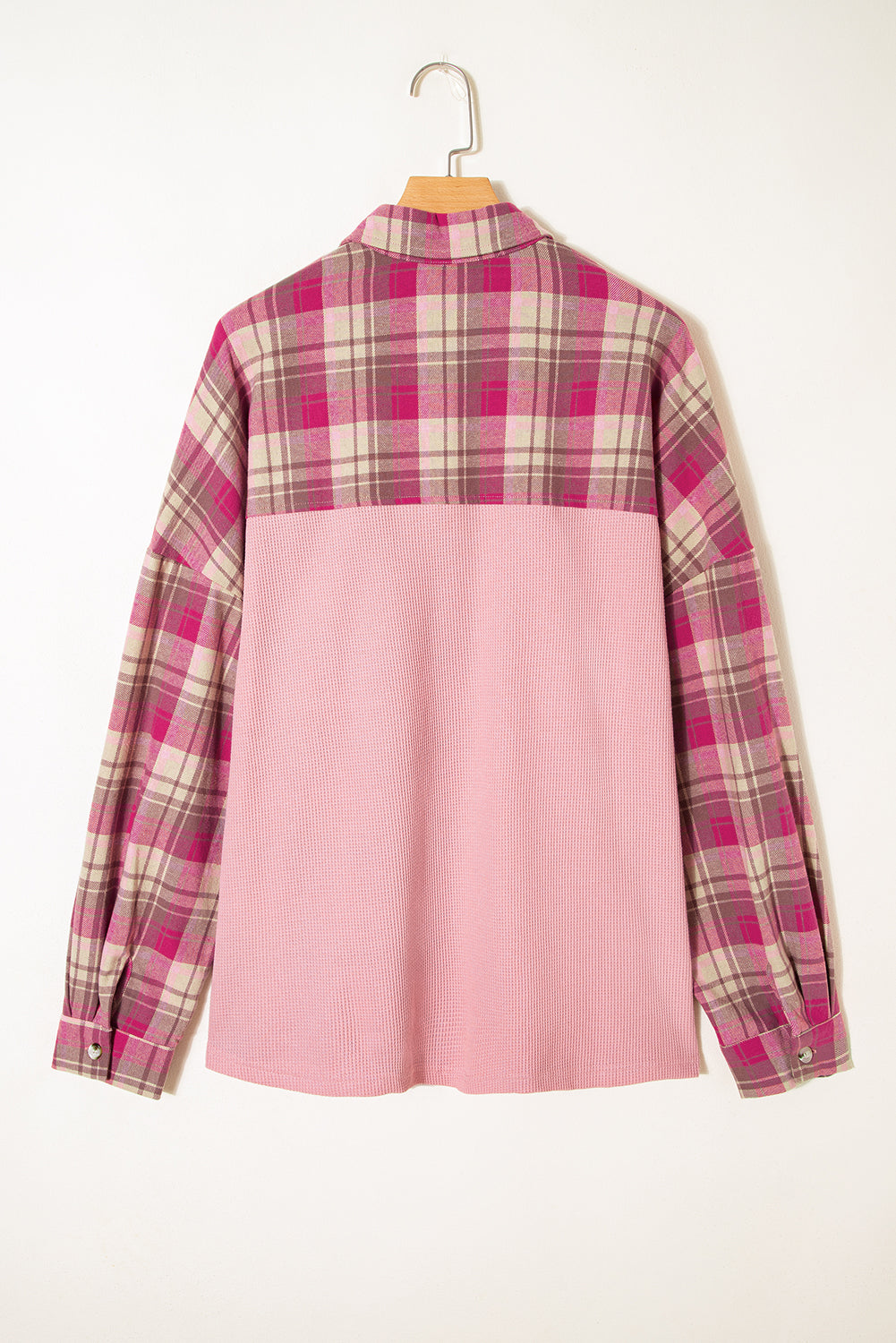 Pink Waffle Patch Pocket Plaid Patchwork Plus Size Shirt-Plus Size/Plus Size Outerwear-[Adult]-[Female]-2022 Online Blue Zone Planet