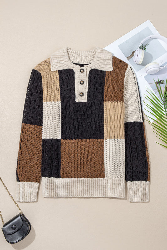 Multicolour Color Block Cable Knit Sleeve Buttons Collared Sweater-TOPS / DRESSES-[Adult]-[Female]-2022 Online Blue Zone Planet