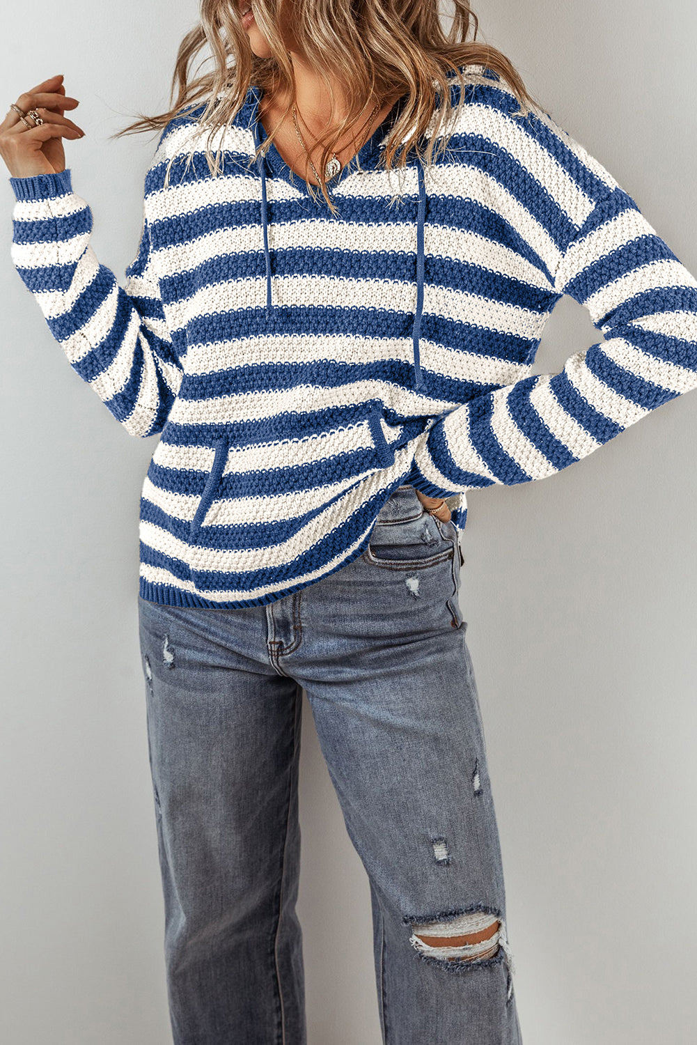 White Stripe V Neck Pocketed Drawstring Hooded Sweater-Tops / Dresses-[Adult]-[Female]-2022 Online Blue Zone Planet