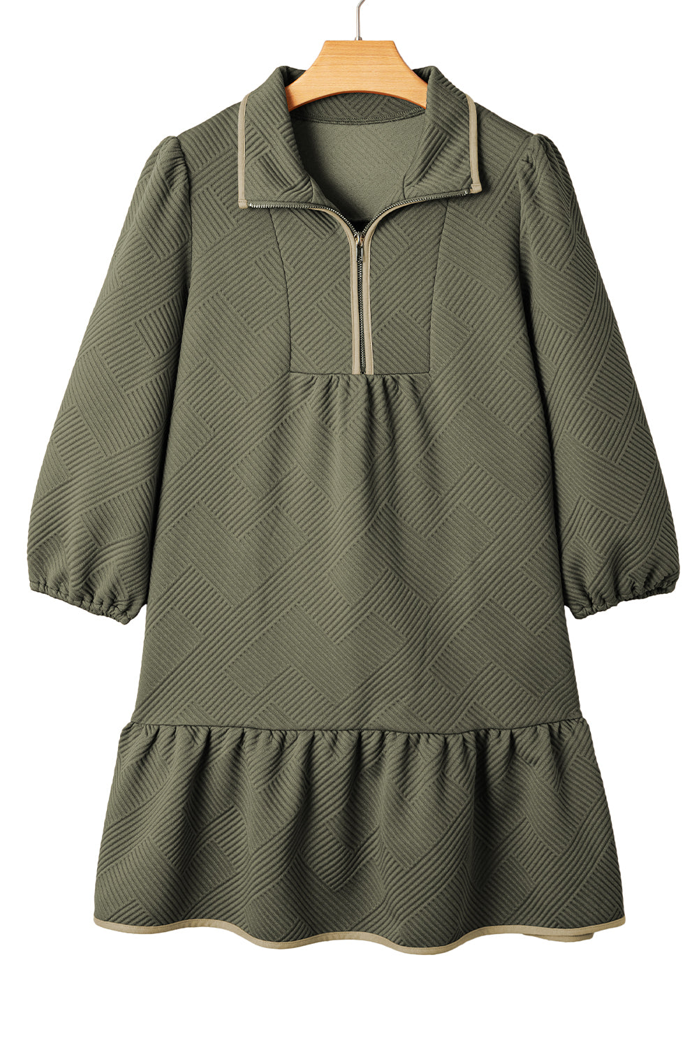 Jungle Green Quarter Zip Collar Bracelet Sleeve Textured Mini Dress-TOPS / DRESSES-[Adult]-[Female]-2022 Online Blue Zone Planet