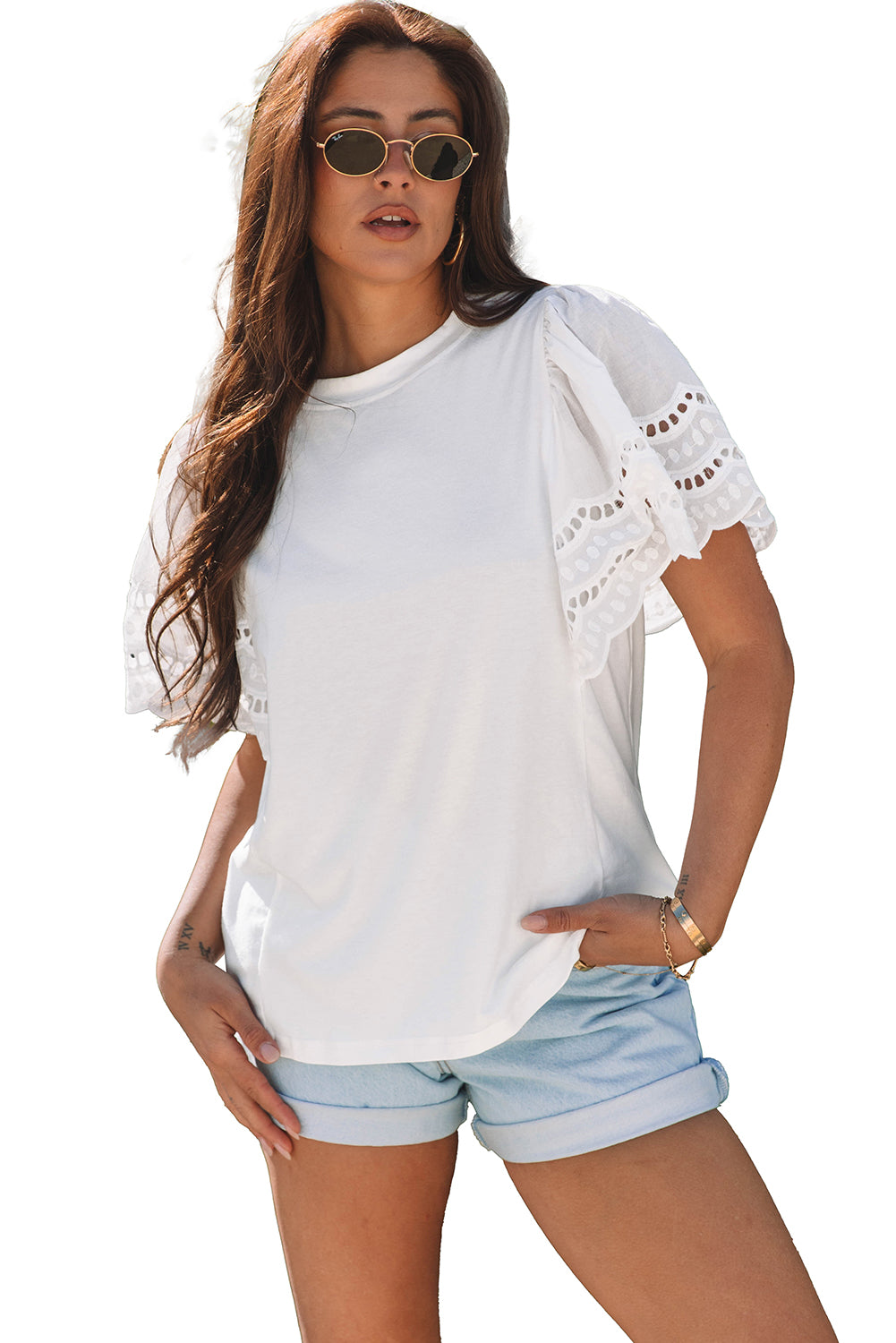 White Hollow Out Embroidered Short Sleeve O Neck Top-Tops/Tops & Tees-[Adult]-[Female]-2022 Online Blue Zone Planet