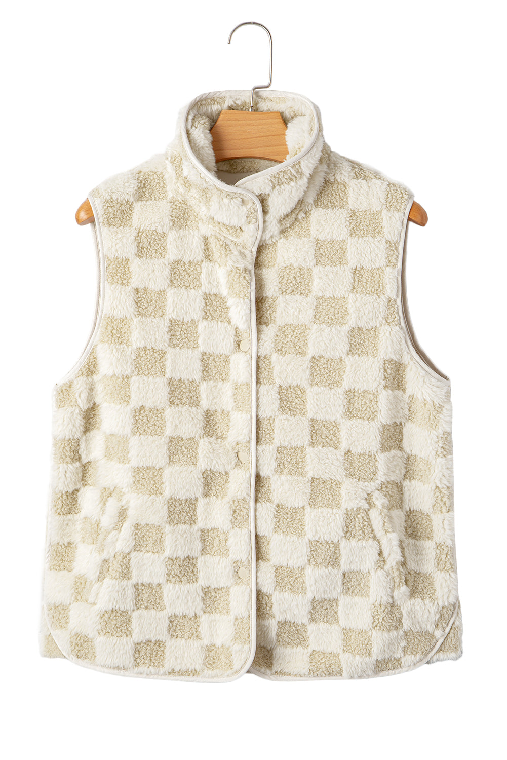 Khaki Sherpa Checkerboard Snap Button Vest Jacket With Pocket-Outerwear/Vests-[Adult]-[Female]-2022 Online Blue Zone Planet