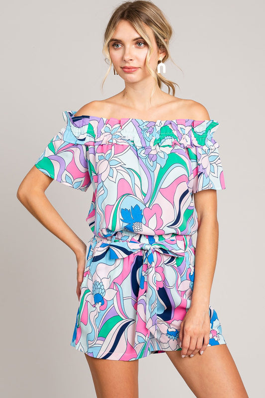 Blue Zone Planet | Cotton Bleu by Nu Label Abstracted Print Tie Front Shorts-TOPS / DRESSES-[Adult]-[Female]-Blue-S-2022 Online Blue Zone Planet