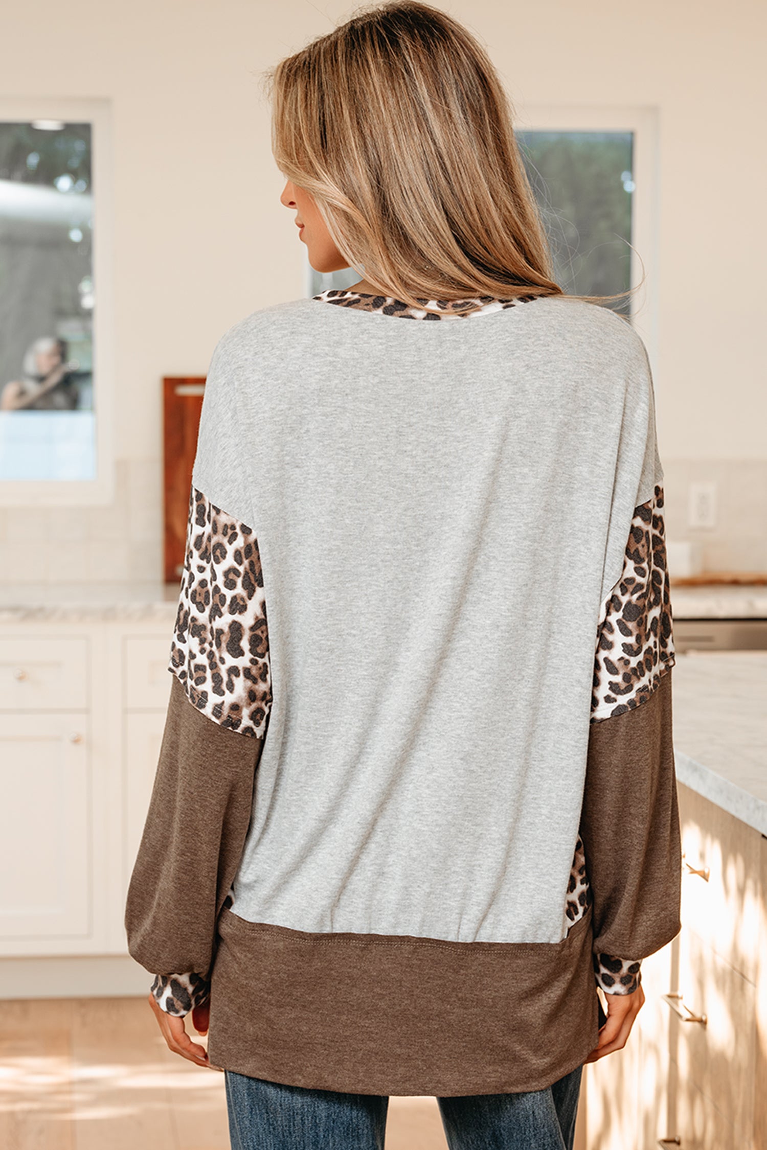 Gray Color Block Leopard Patchwork Dolman Sleeve High Low Baggy Sweatshirt-Tops/Sweatshirts & Hoodies-[Adult]-[Female]-2022 Online Blue Zone Planet