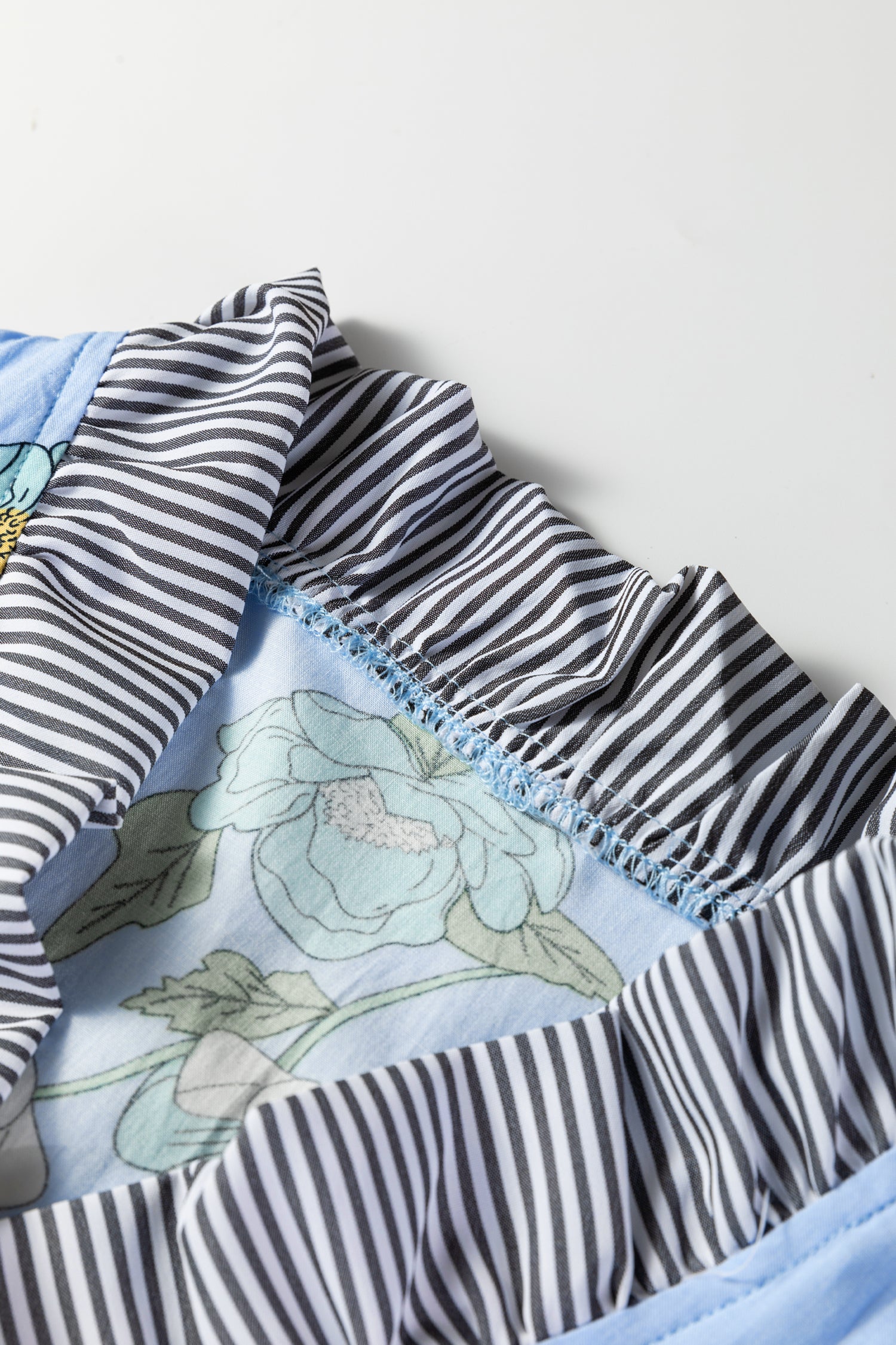 Sky Blue Floral Print Contrast Striped Trim Ruffled V Neck Fall Blouse-Tops/Blouses & Shirts-[Adult]-[Female]-2022 Online Blue Zone Planet