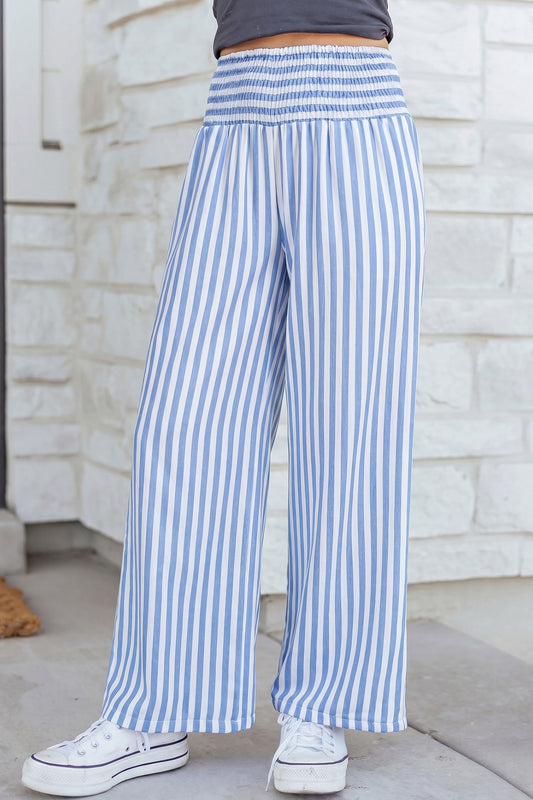 Sky Blue Stripe Shirred High Waist Loose Summer Pants-Bottoms/Pants & Culotte-[Adult]-[Female]-Sky Blue Stripe-S-2022 Online Blue Zone Planet