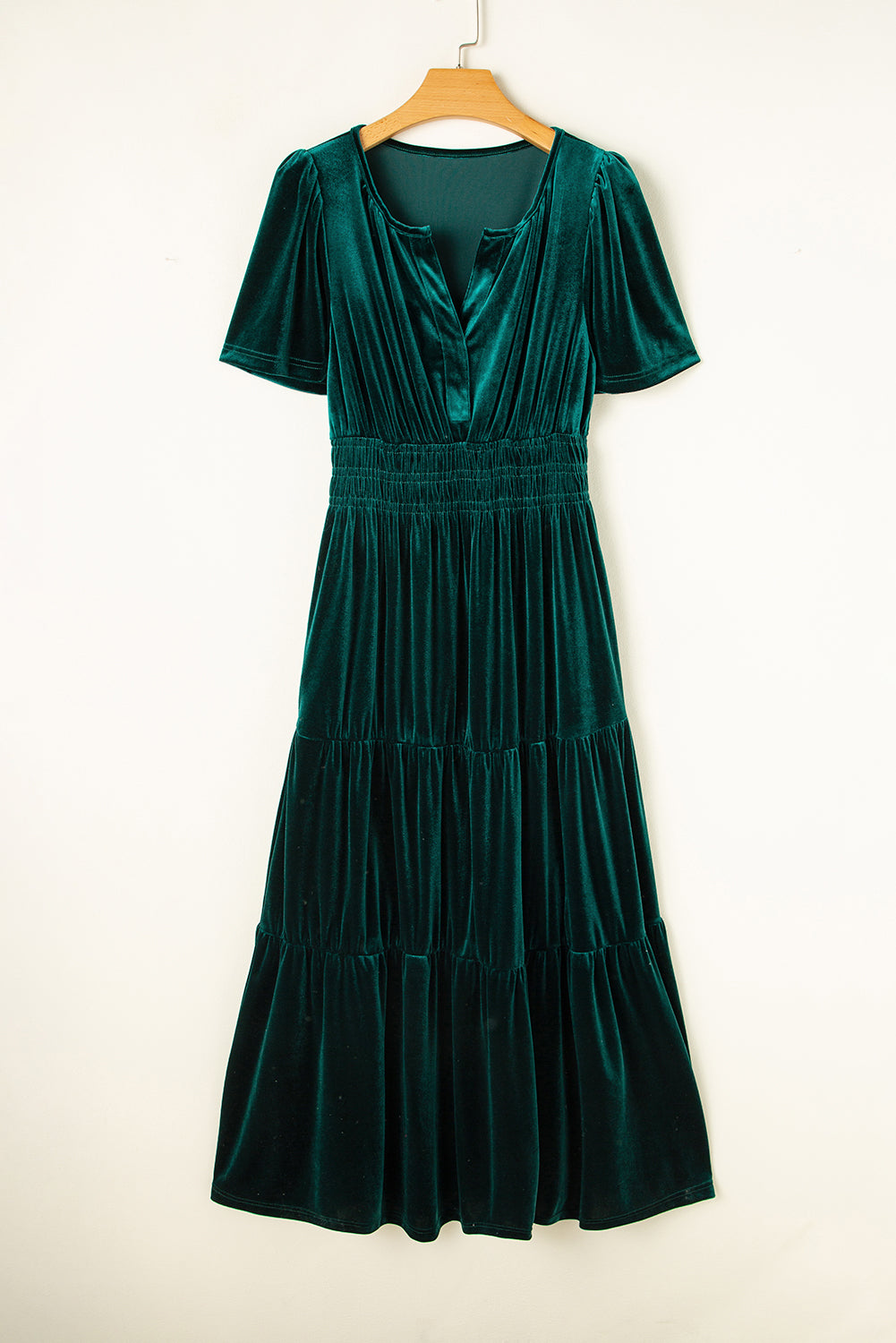 Prussian Blue Velvet Short Sleeve Shirred Waist Tiered Maxi Dress-Maxi Dresses-[Adult]-[Female]-2022 Online Blue Zone Planet