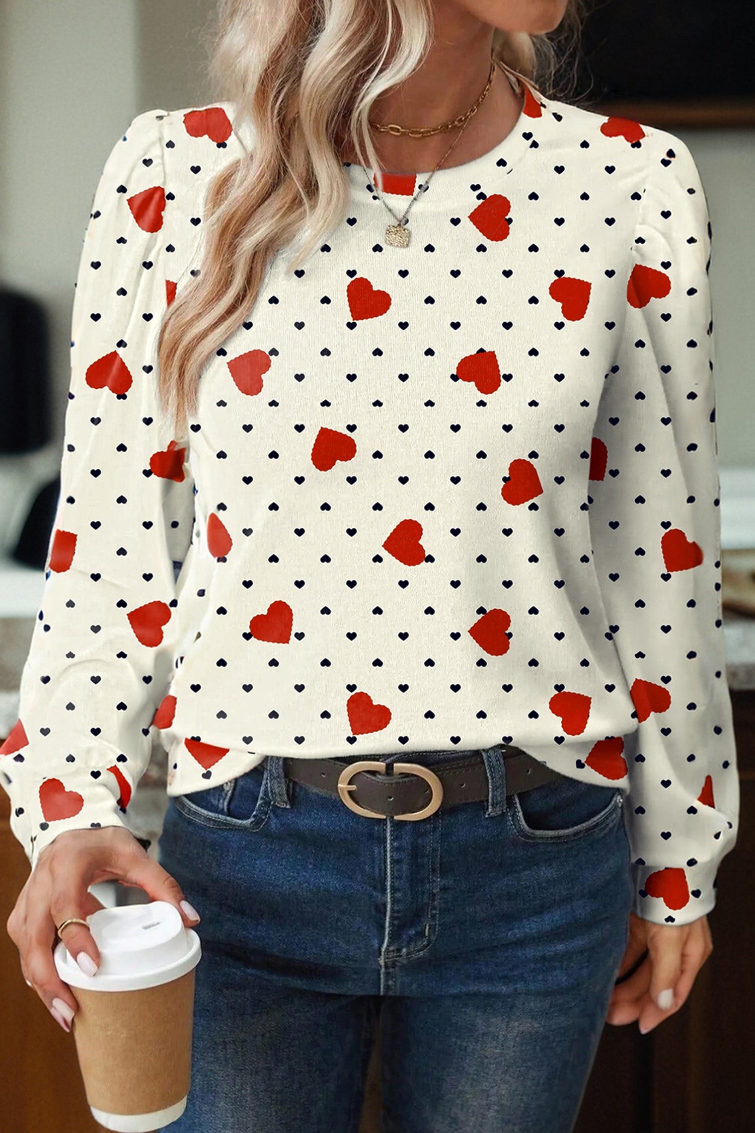 Beige Flower Heart Festive Valentine Blouse-Tops/Blouses & Shirts-[Adult]-[Female]-Beige-S-2022 Online Blue Zone Planet