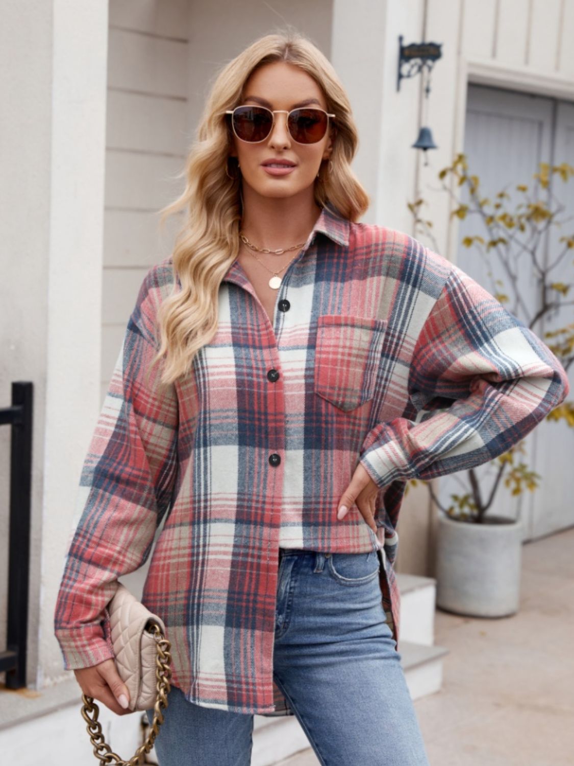 Mandy Pocketed Plaid Collared Neck Long Sleeve Shirt-TOPS / DRESSES-[Adult]-[Female]-Orange-Red-S-2022 Online Blue Zone Planet