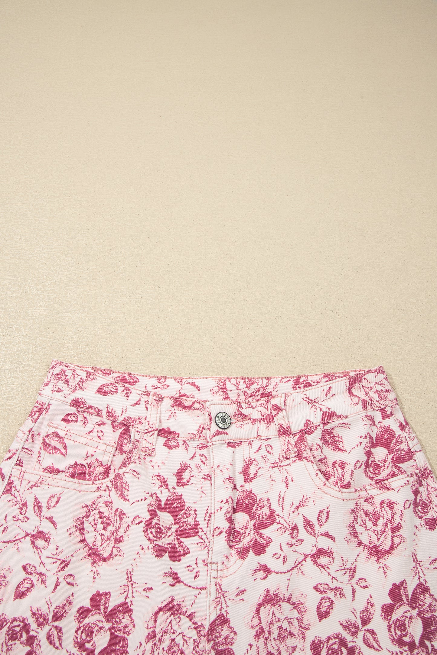 Pink Vintage Floral Print Denim Shift Pants-Bottoms/Jeans-[Adult]-[Female]-2022 Online Blue Zone Planet