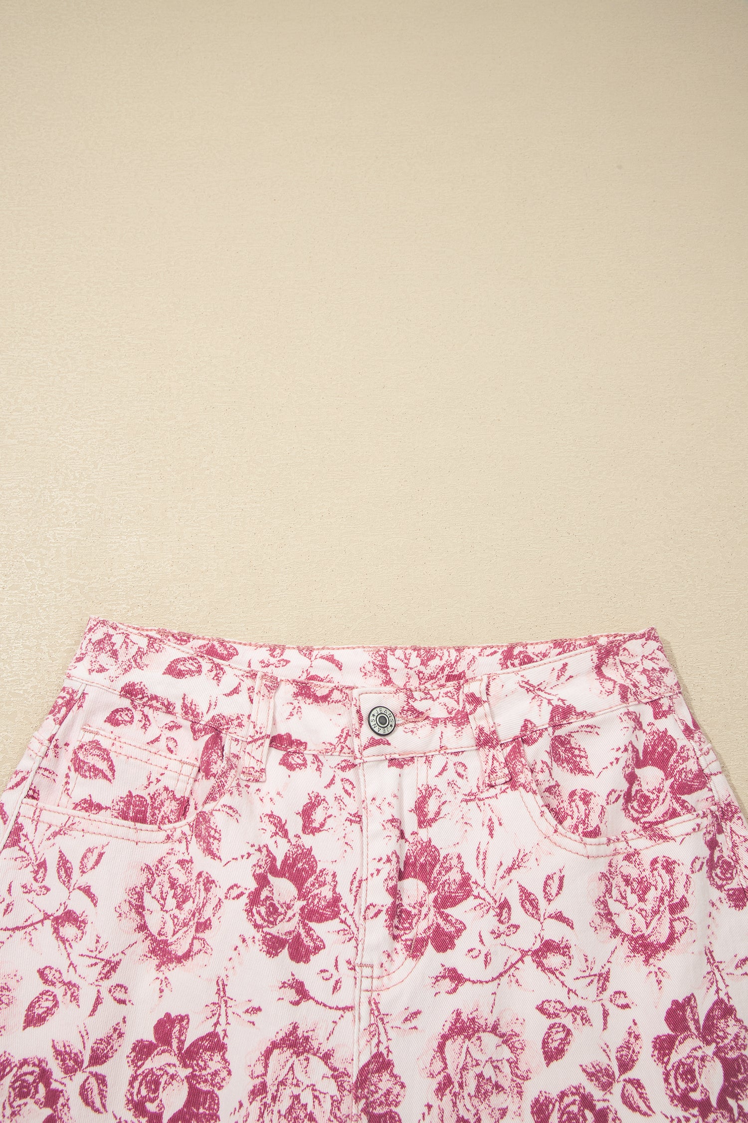 Pink Vintage Floral Print Denim Shift Pants-Bottoms/Jeans-[Adult]-[Female]-2022 Online Blue Zone Planet
