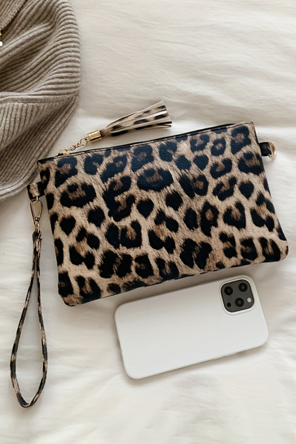 Chestnut Leopard Print Wrist Strap Zipped Wallet-Clutches & Evening Bags-[Adult]-[Female]-Chestnut-ONE SIZE-2022 Online Blue Zone Planet