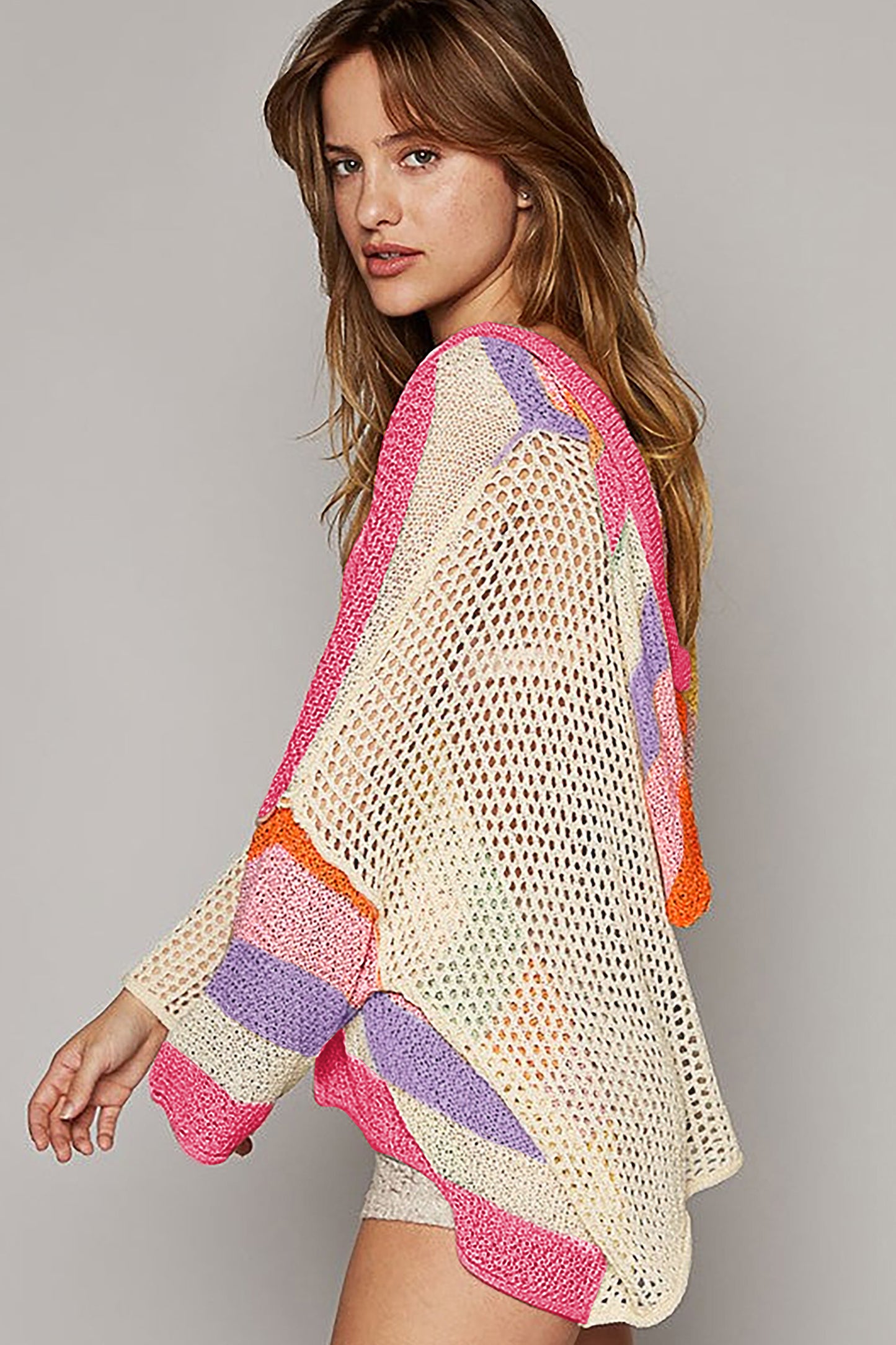 Blue Zone Planet | Beige Oversized Colorblock V Neck Hooded Sweater-Tops / Dresses-[Adult]-[Female]-2022 Online Blue Zone Planet