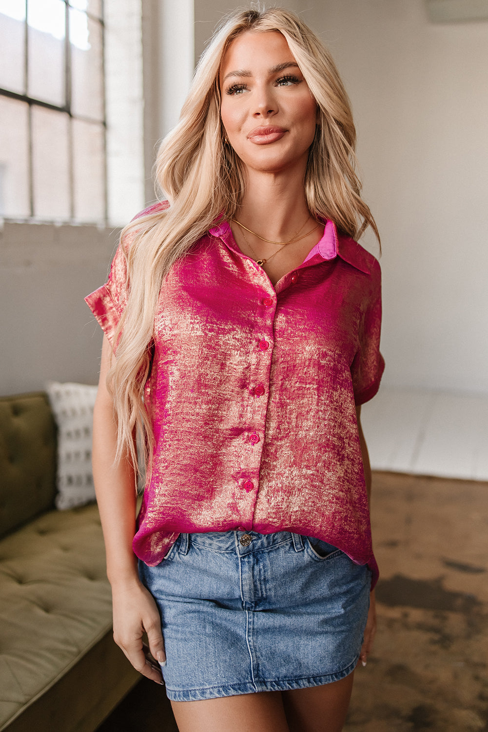 Rose Red Metallic Sheen Short Sleeve Buttoned Front Casual Shirt-Tops/Blouses & Shirts-[Adult]-[Female]-2022 Online Blue Zone Planet