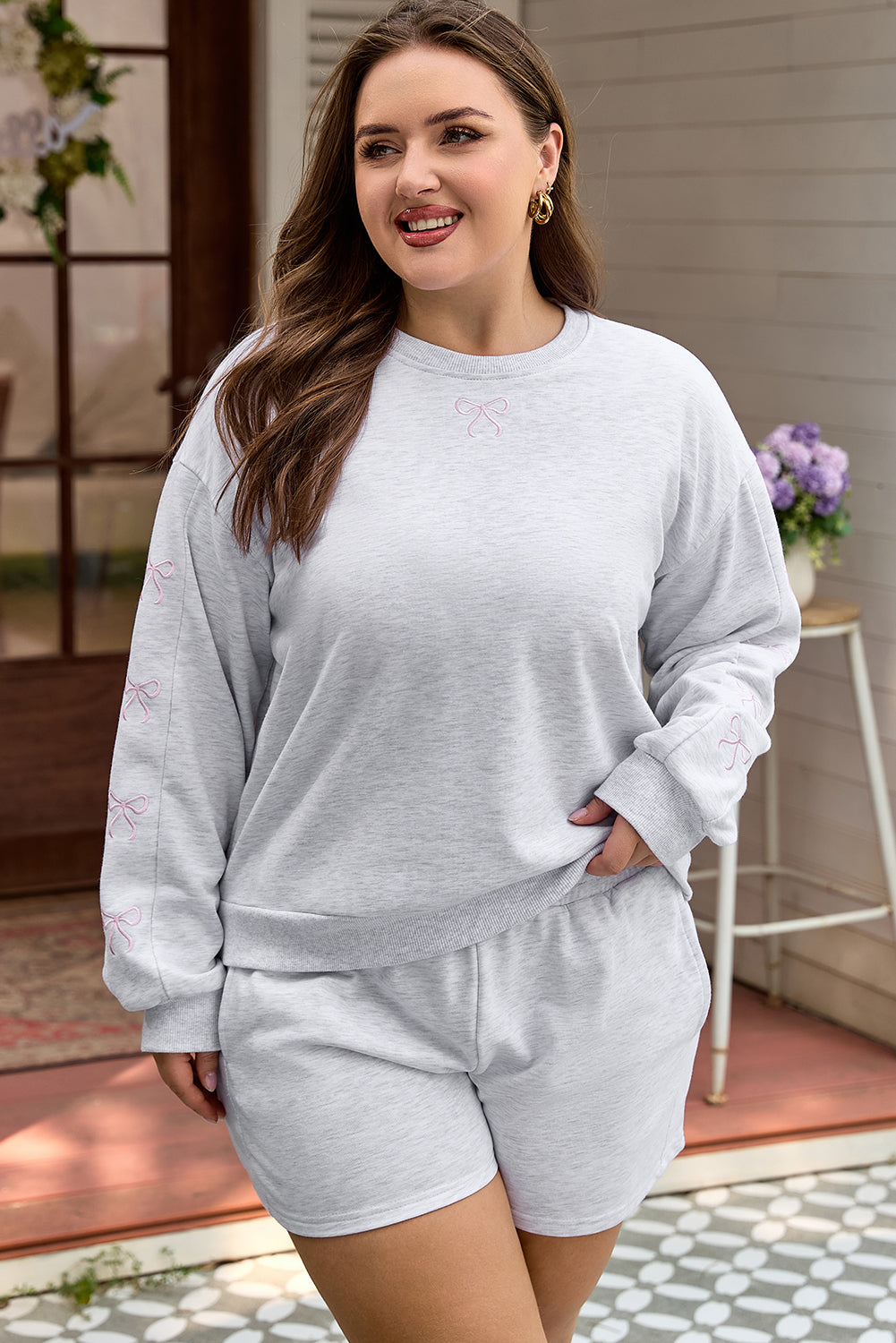 Light Grey Girly Bow Embroidered Puff Sleeve Pullover Loose Shorts Plus 2pcs Outfit-Plus Size/Plus Size Loungewear-[Adult]-[Female]-2022 Online Blue Zone Planet
