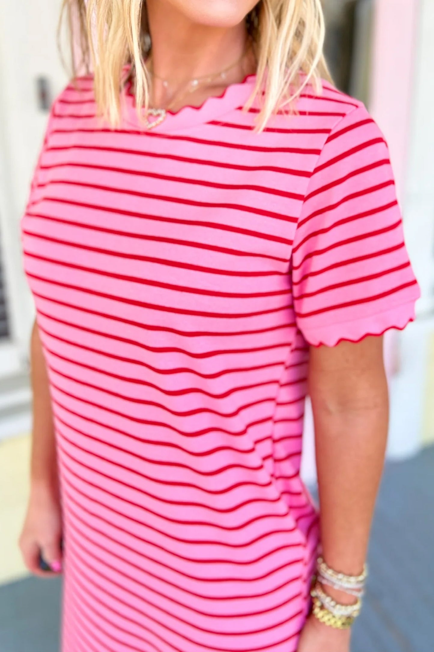 Rose Stripe Striped Short Sleeve Scalloped Trim Side Slit T-Shirt Dress-Dresses/T Shirt Dresses-[Adult]-[Female]-2022 Online Blue Zone Planet