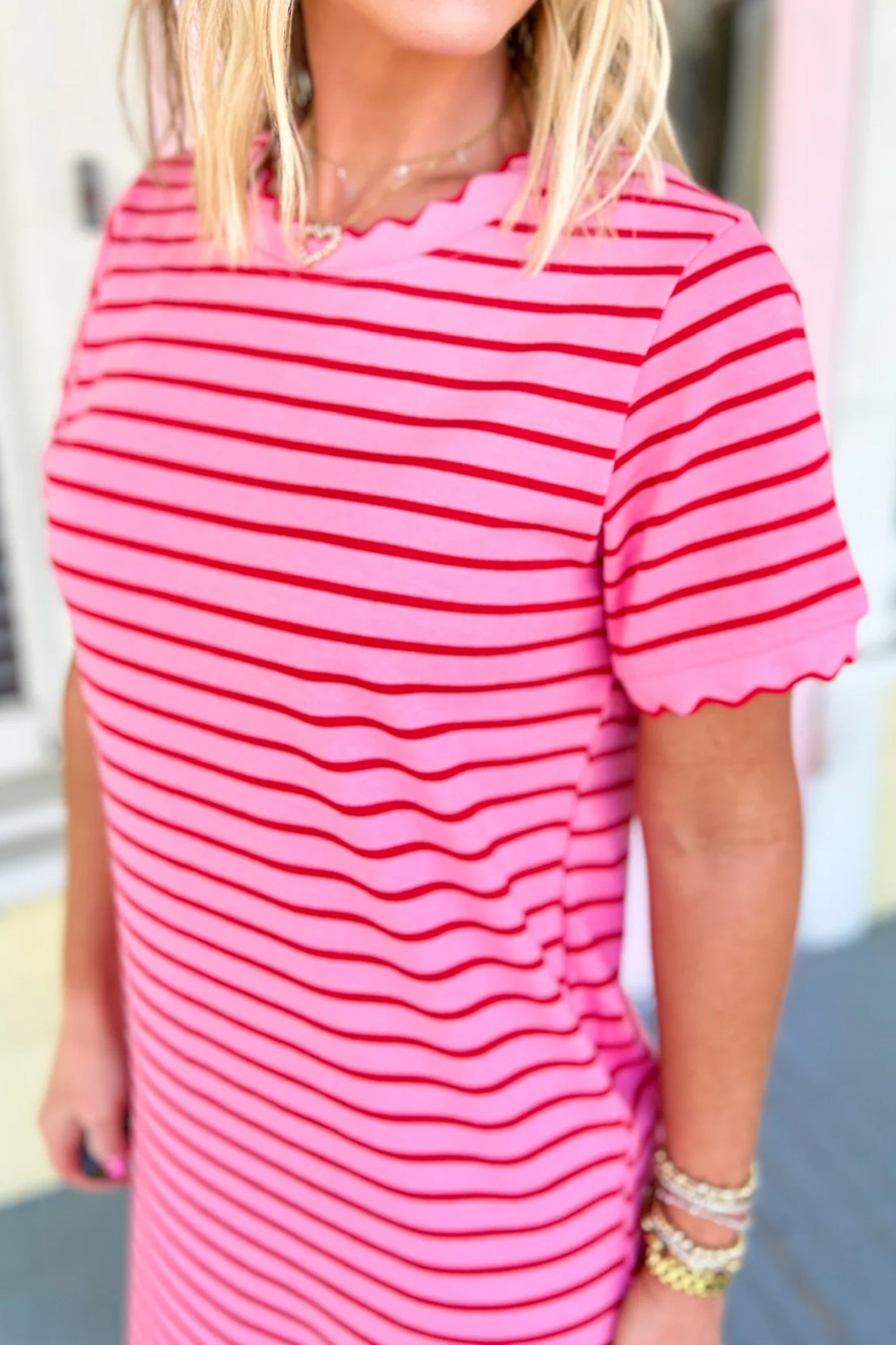 Rose Stripe Striped Short Sleeve Scalloped Trim Side Slit T-Shirt Dress-Dresses/T Shirt Dresses-[Adult]-[Female]-2022 Online Blue Zone Planet