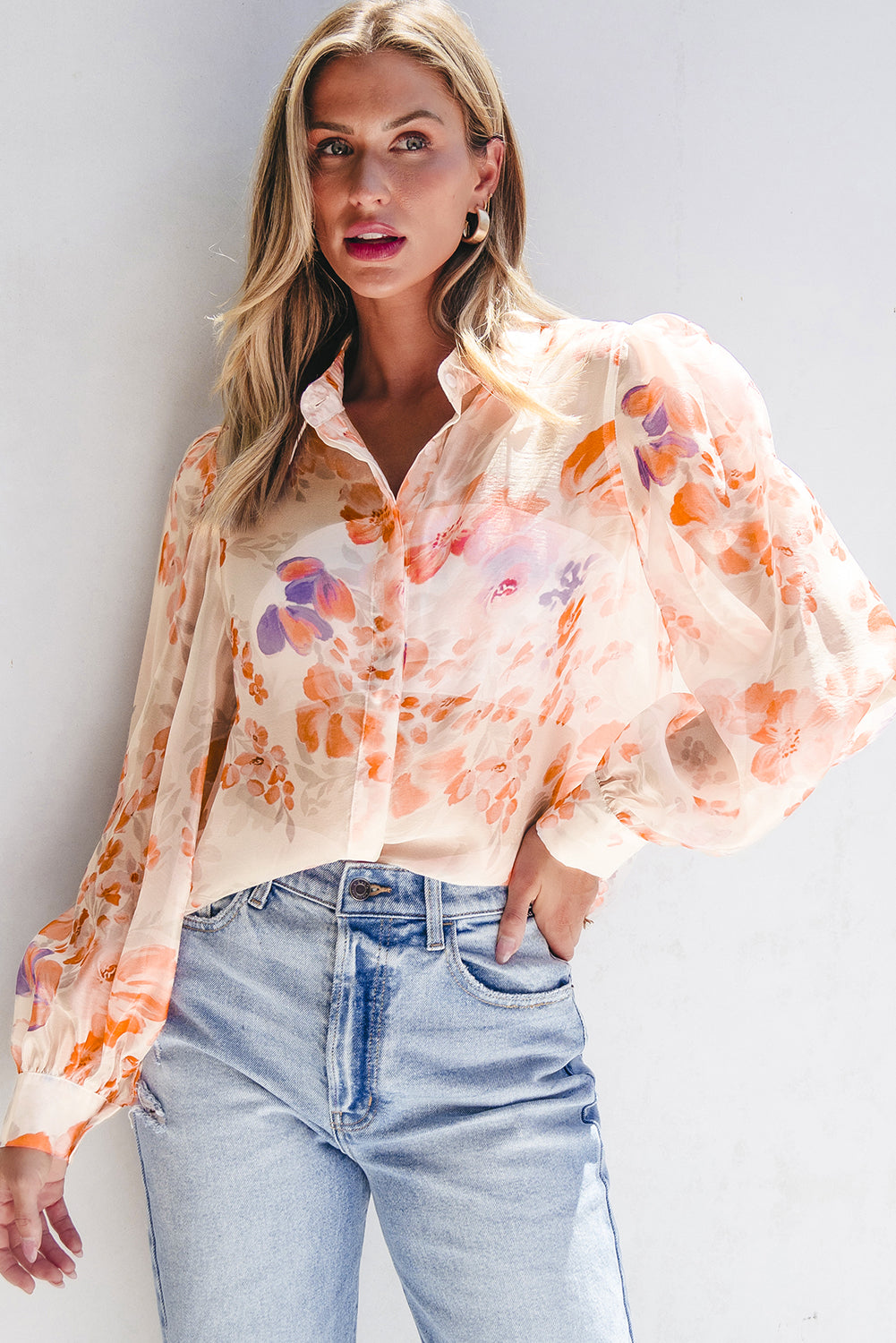 Blue Zone Planet | White Floral Print Collared Balloon Sleeve Loose Shirt-TOPS / DRESSES-[Adult]-[Female]-2022 Online Blue Zone Planet